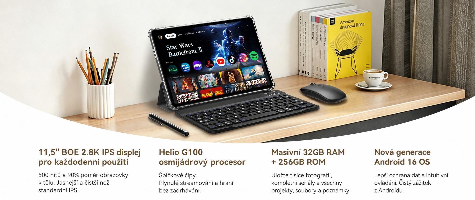 Tablet KOBONA T12Pro 11,5" s displejem BOE 2,8K, Android 16, Helio G100, 32+256 GB, 8000 mAh, duální 4G SIM, Face ID, 13 MP, včetně klávesnice, myši, stylusu a pouzdra