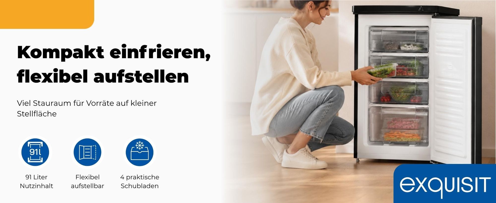 Exquisit Gefrierschrank 91 l kompakt | Energieklasse E | leise 40 dB | 85 cm Höhe | freistehend - unterbaufähig | GS512-040E schwarz | Schwarz