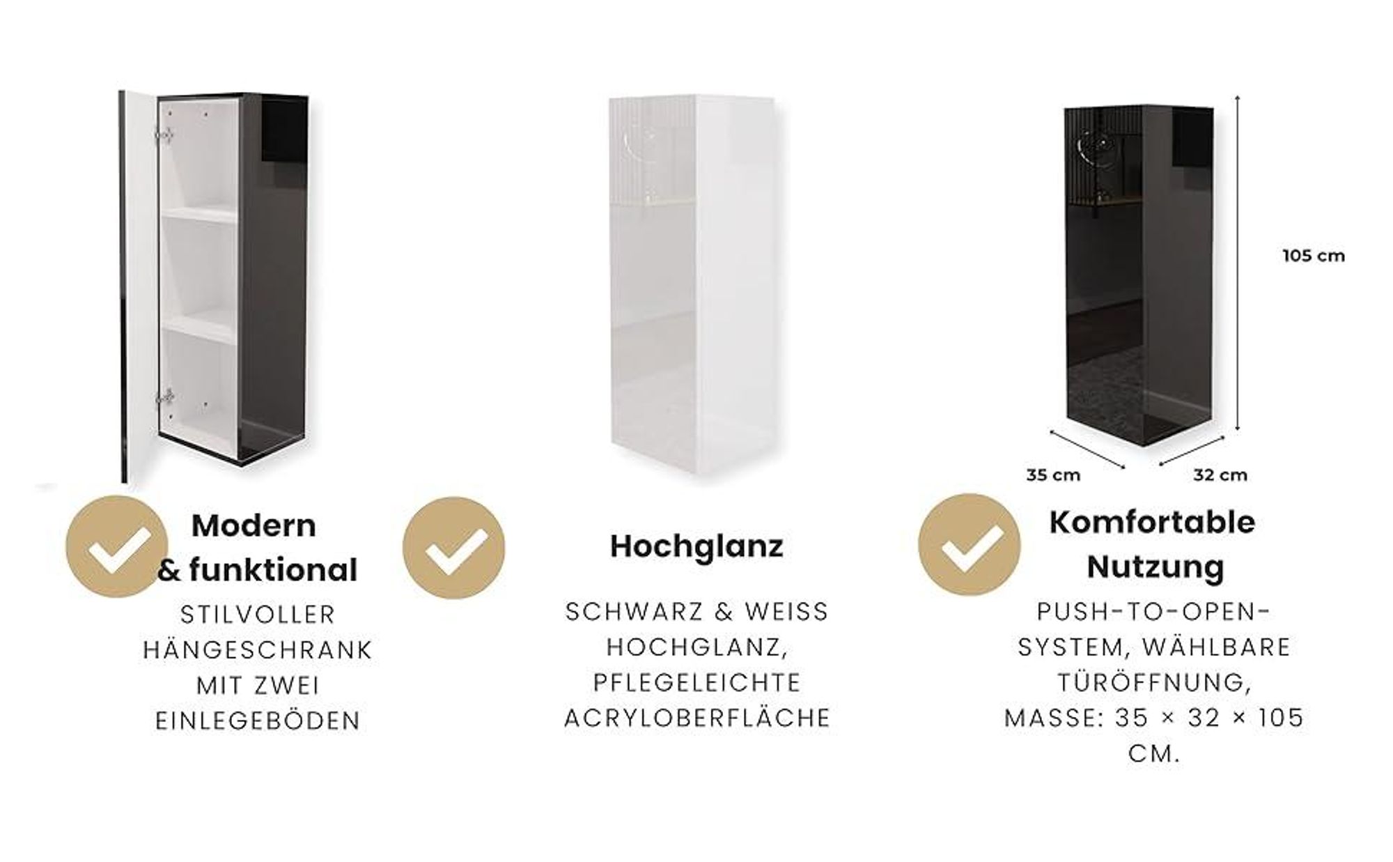 Hängeschrank Schwarz Hochglanz 35x105x32 (B x H x T) Seitenschrank Hängend Hochschrank Wohnzimmer Mehrzweckschrank