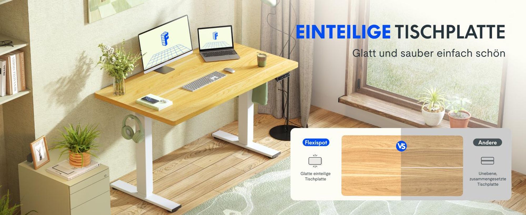 FLEXISPOT EN1 Höhenverstellbarer Schreibtisch 140x80cm, 100 kg Tragkraft, mit Anti-Kollisionsschutz, Einteilige Tischplatte, 4 Memory-Funktion (Ahorn)