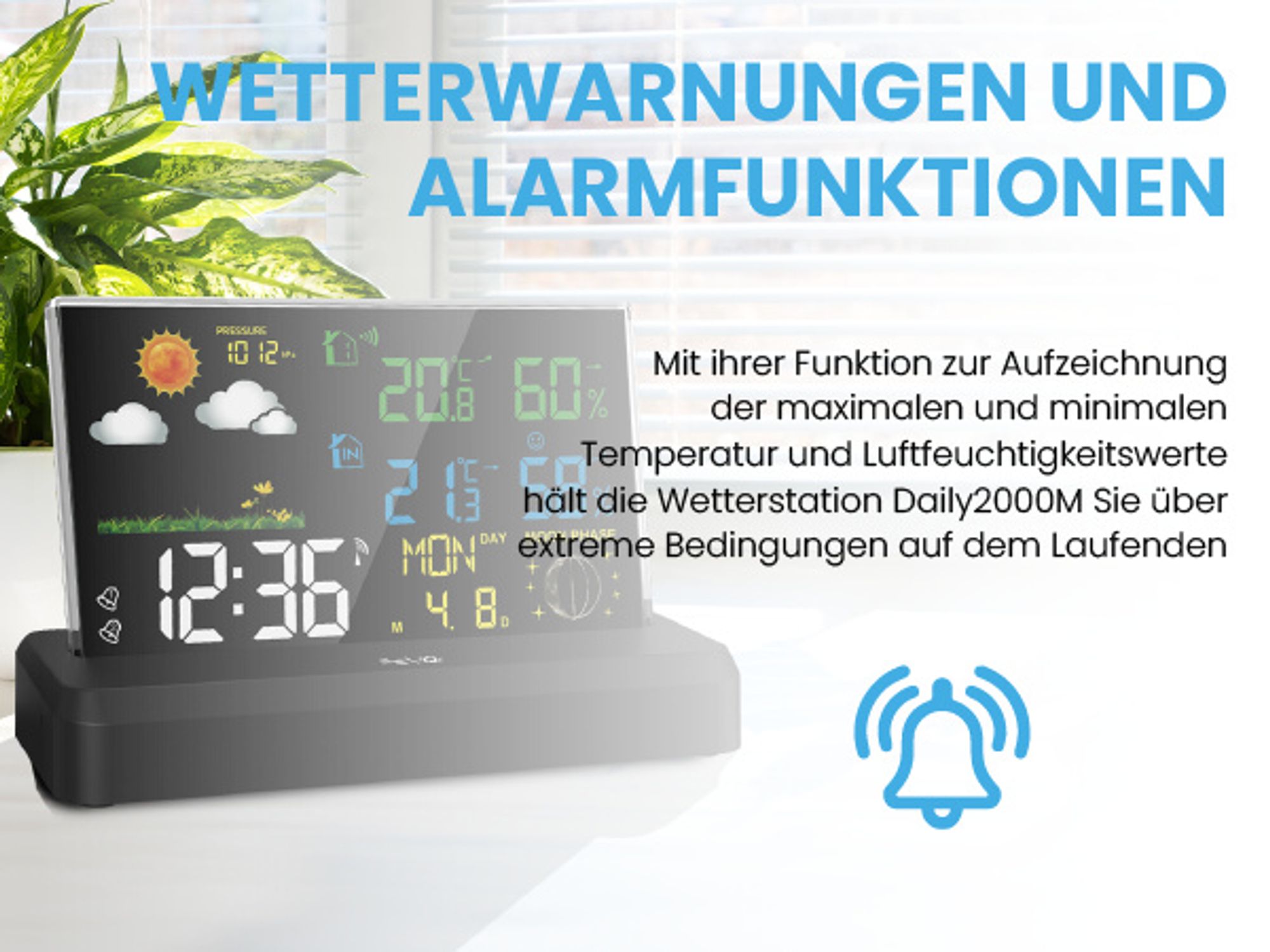 MalTec Wetterstation Drahtlose Thermometer Barometer Daily2000M Mondphasen USB-Anschluss