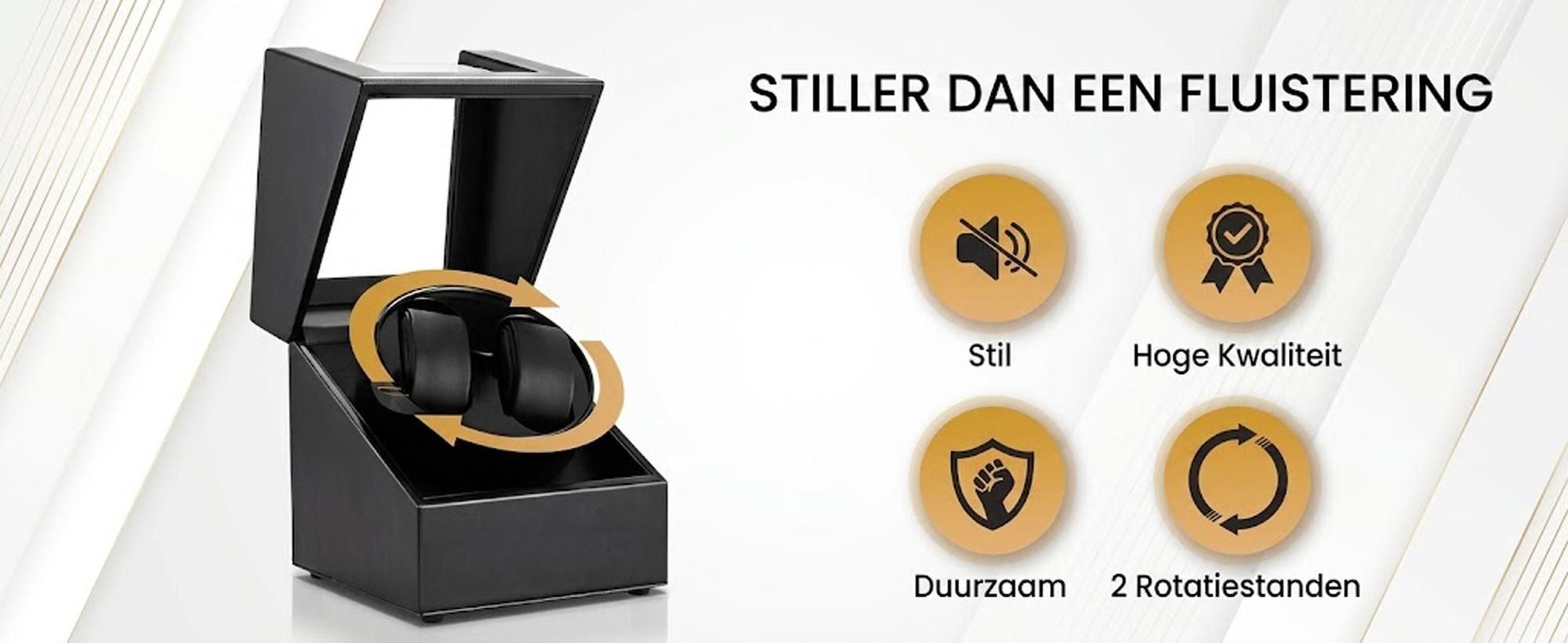 Olvy horlogewinder voor 2 horloges, met een extreem stille motor, zwarte lakafwerking met LED-verlichting, horlogewinder