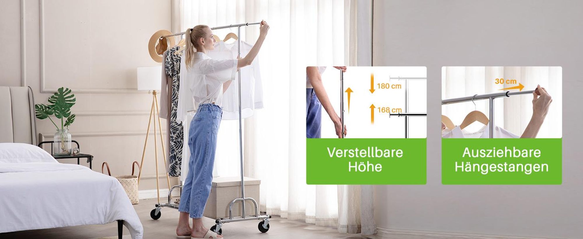 HOKEEPER Kleiderständer mit Einlegeböden, Kapazität 204kg, Kleiderstange auf Rädern, Tragbarer Garderobenständer zum Aufhängen,Chrome