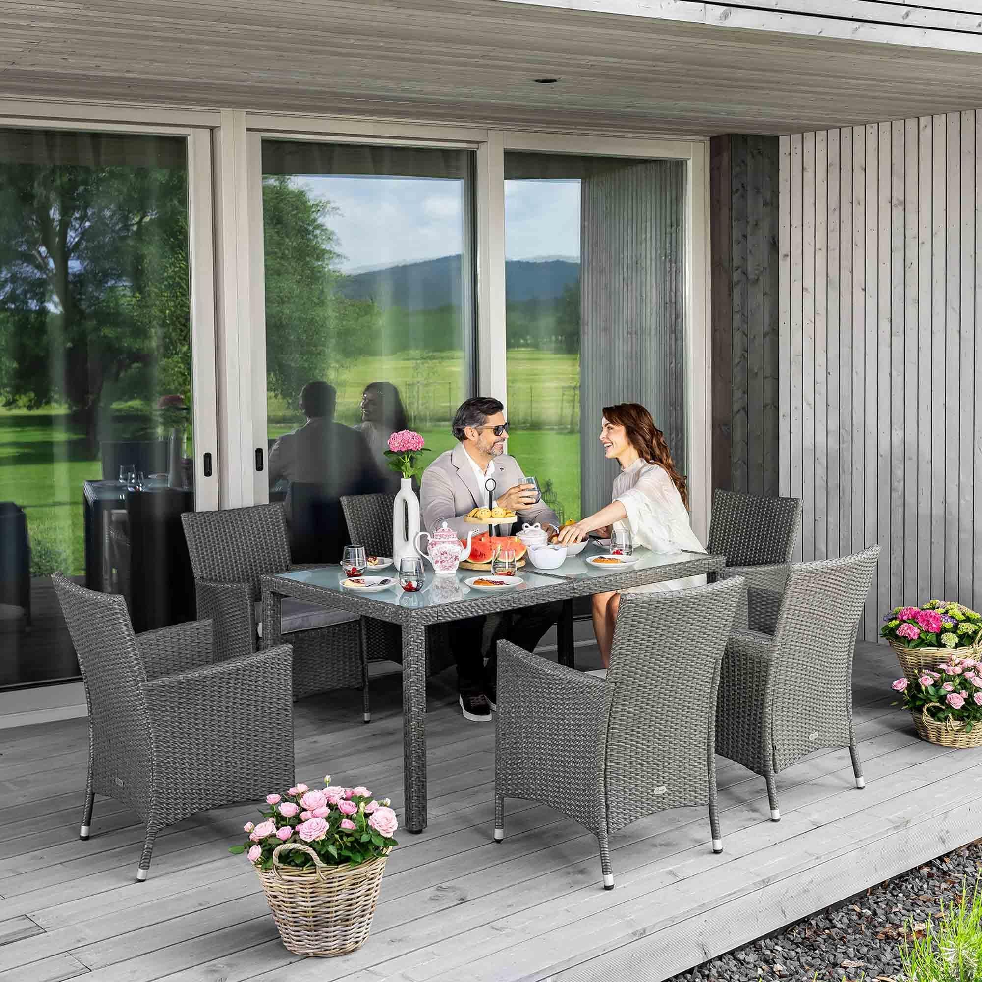 di volio Gartenmöbel-Set VERONA - Essgruppe Garnitur aus Polyrattan, robuste Sitzgruppe - Tisch mit Glasplatte + 6 Stühle, Terrassenmöbel Lounge Set