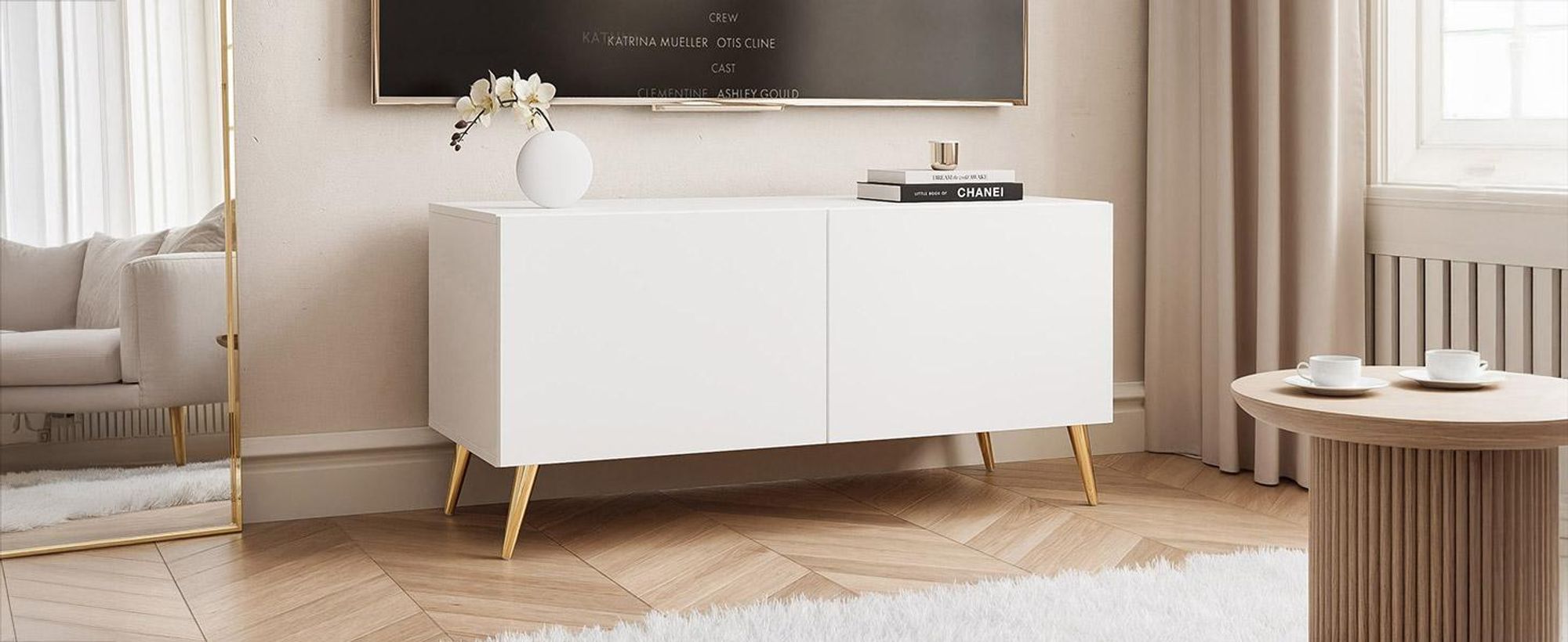 Idohome TV Lowboard Angel 100 cm Weiß Matt – Schrank mit LED-Beleuchtung, Fernsehschrank auf goldfarbenen Metallbeinen, Medienmöbel, Push to Open