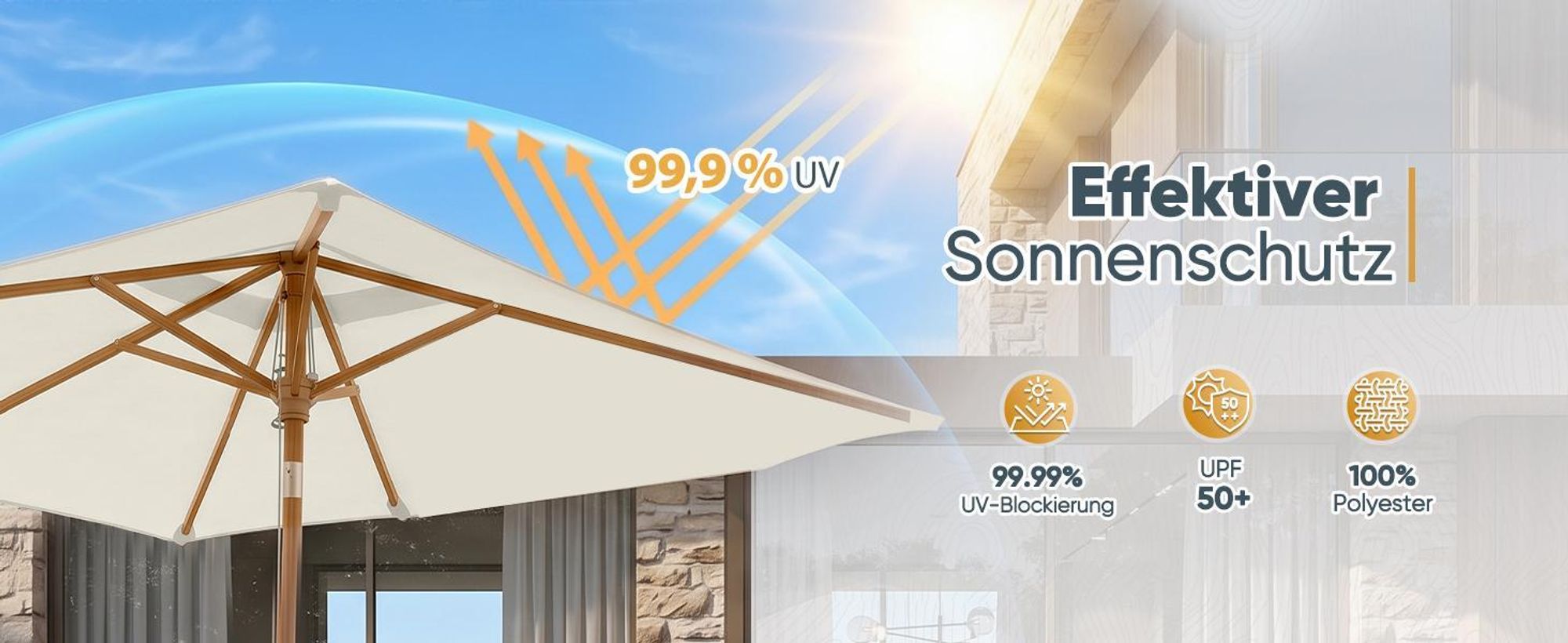 Sekey Rechteckiger Sonnenschirm 200x150 cm Holzoptik, Knickbar, UV-Schutz 50+, Gartenschirm für Balkon und Terrasse, Creme