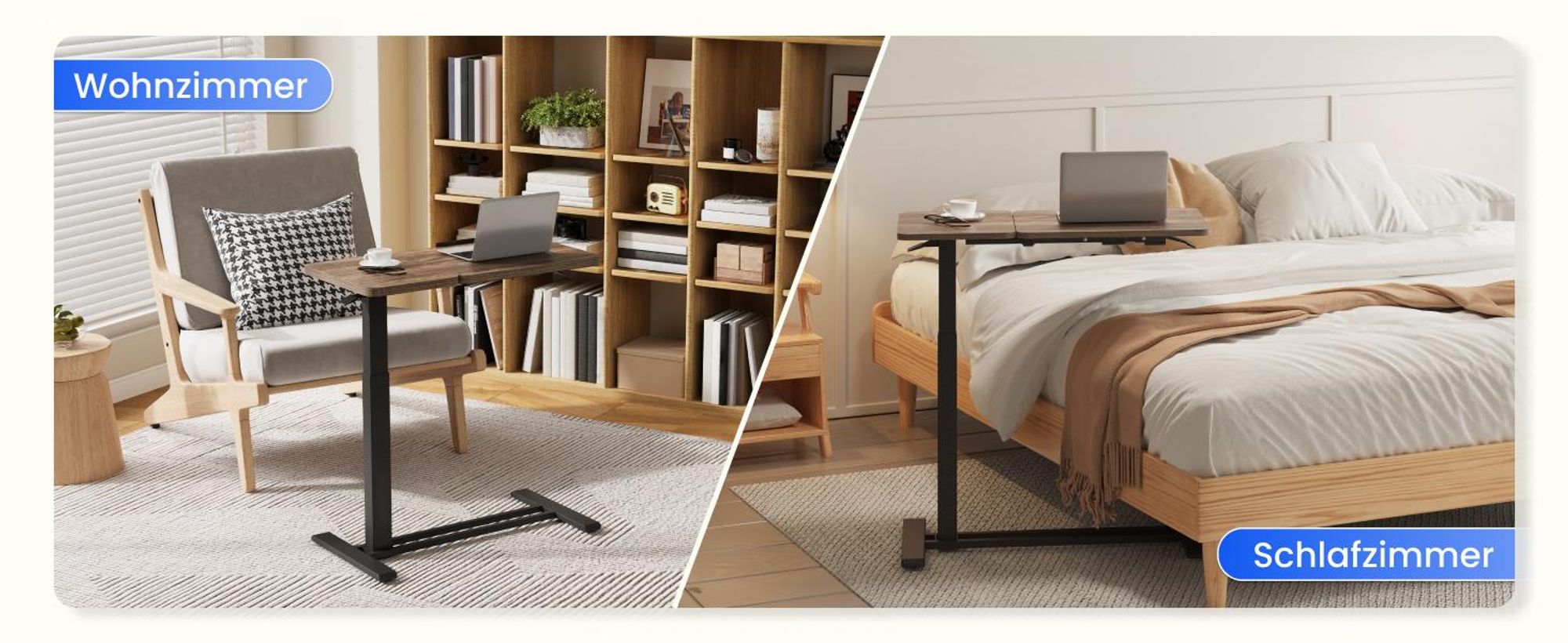FLEXISPOT Beistelltisch Höhenverstellbar 80x40cm Laptoptisch mit Neigbarer Desktop, Betttisch mit Rollen, für Wohnzimmer und Schlafzimmer, Braun