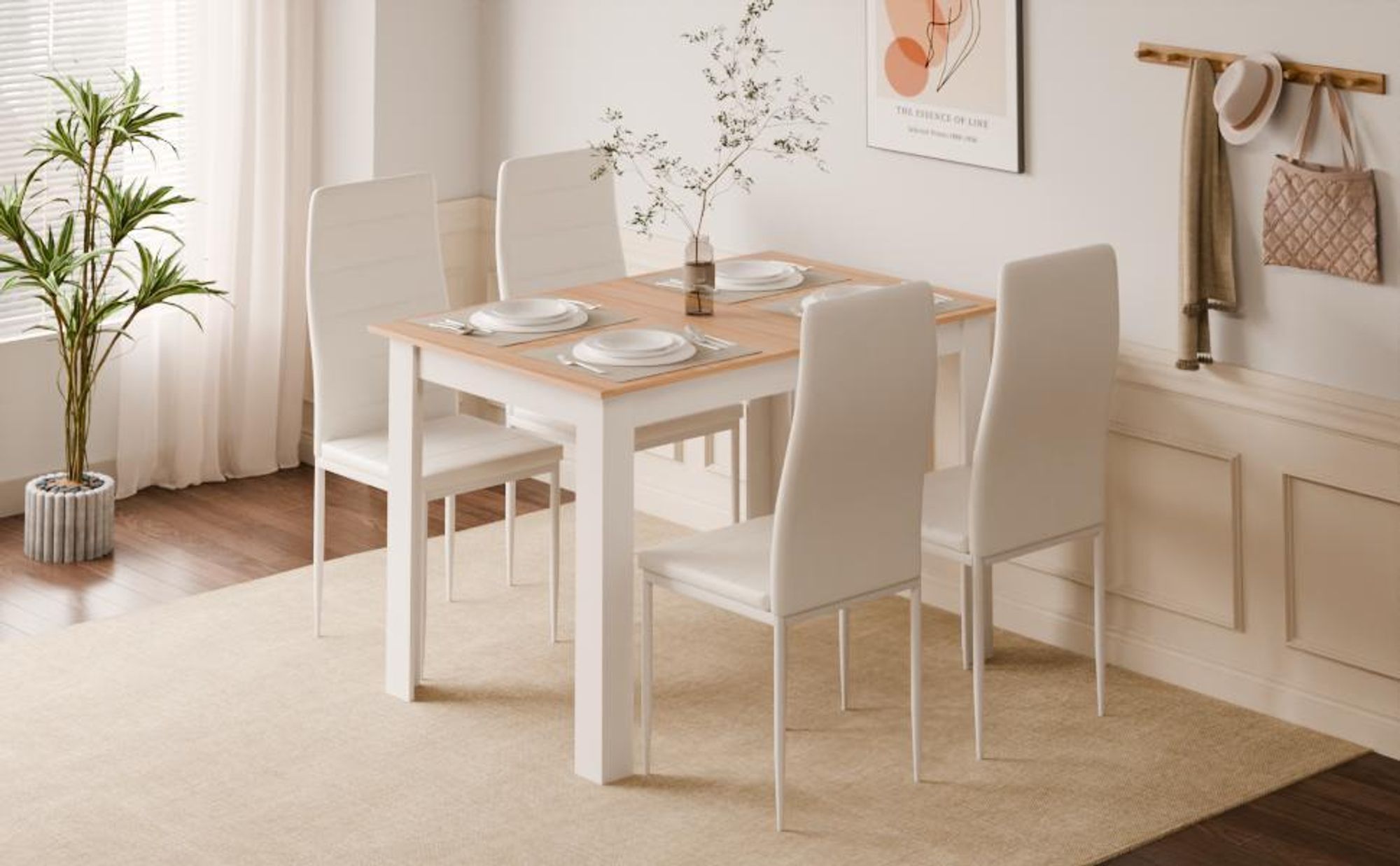 Mondeer Esstischset Essgruppe Esszimmergruppe mit 4 Stühlen Esstisch aus Holz Küchentisch Natur+Weiß