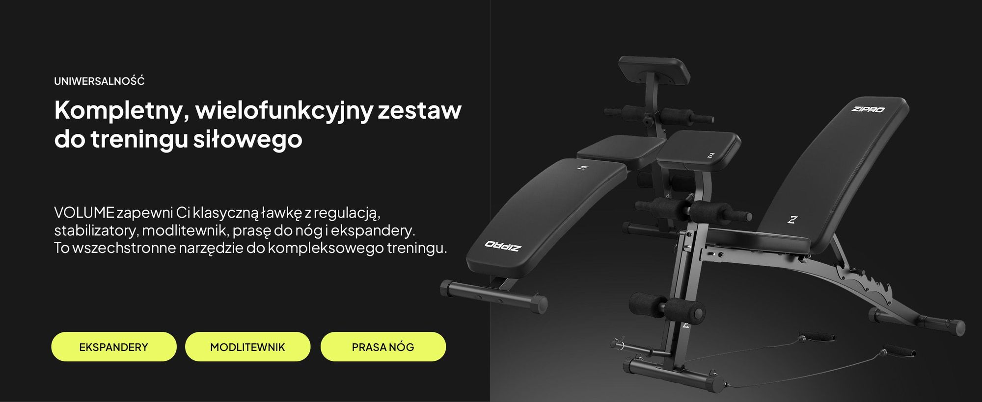 Wielofunkcyjna ławka treningowa Zipro Volume z ławką do wyciskania nóg i bicepsów do treningu całego ciała, regulowana ławka, czarna, nośność 230 kg