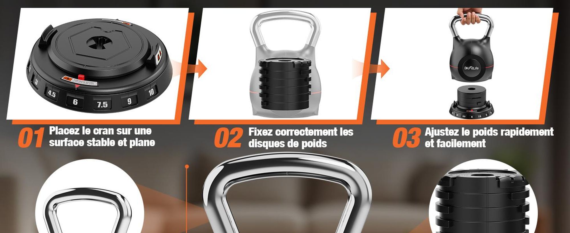 DH FitLife 7-en-1 Kettlebell réglable (1,5-10 kg), Haltère avec 7 niveaux de poids, Idéal pour l’entraînement du corps, Compact et Gain de place