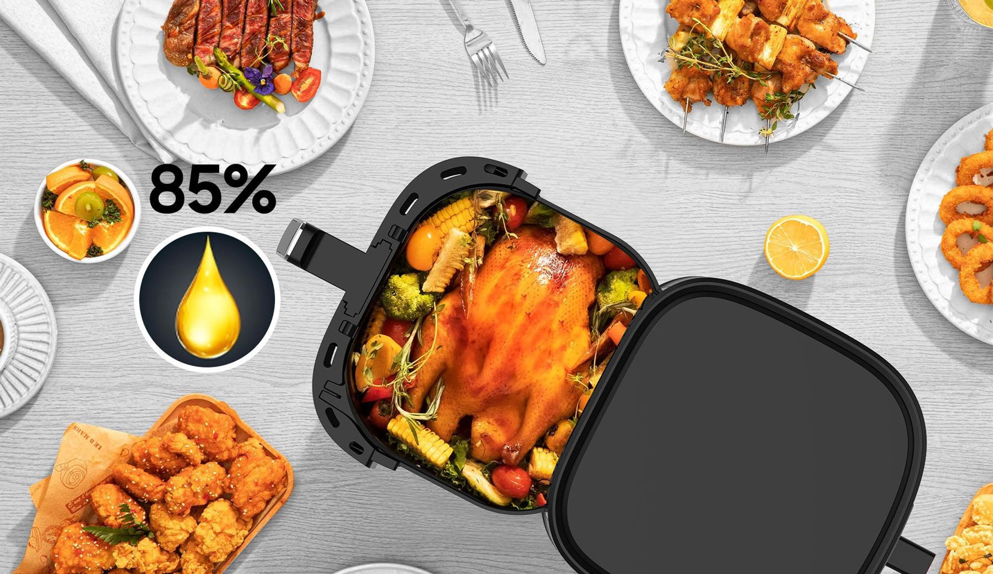 Heißluftfritteuse, 6,5 L Airfryer, Fritteuse Ohne Fett mit Metallinnenraum, 1700W Heissluftfriteuse mit 8 Kochprogramme Digitalem Display