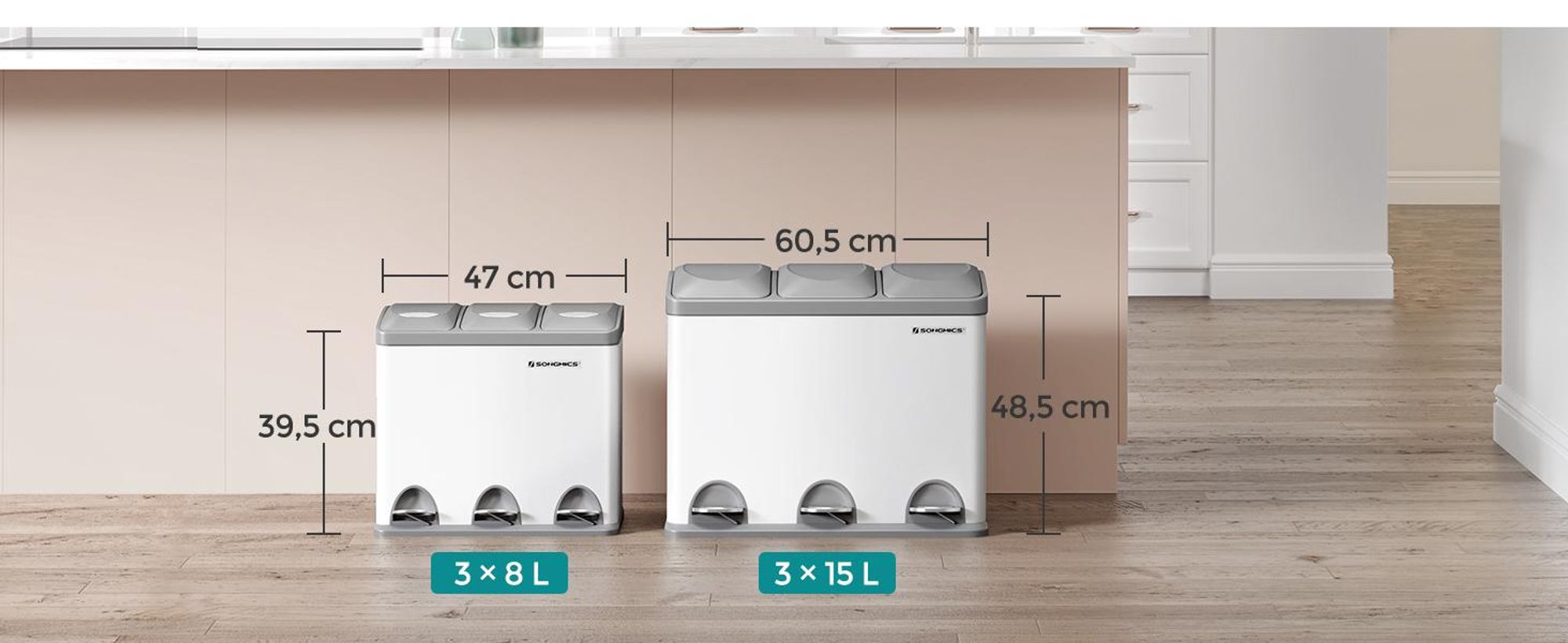 SONGMICS Mülleimer Mülltrennsystem, aus Metall, 24 L, Küche