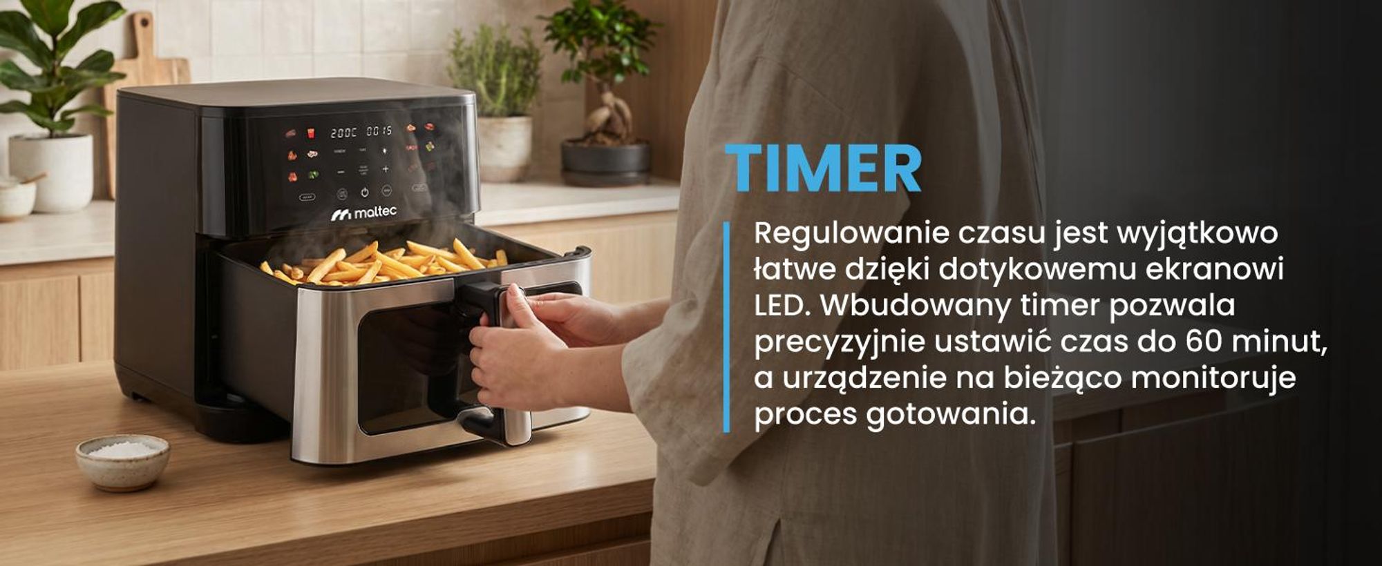 Frytkownica o pojemności 10 litrów, z okienkiem i 12 programami, w kolorze czarnym