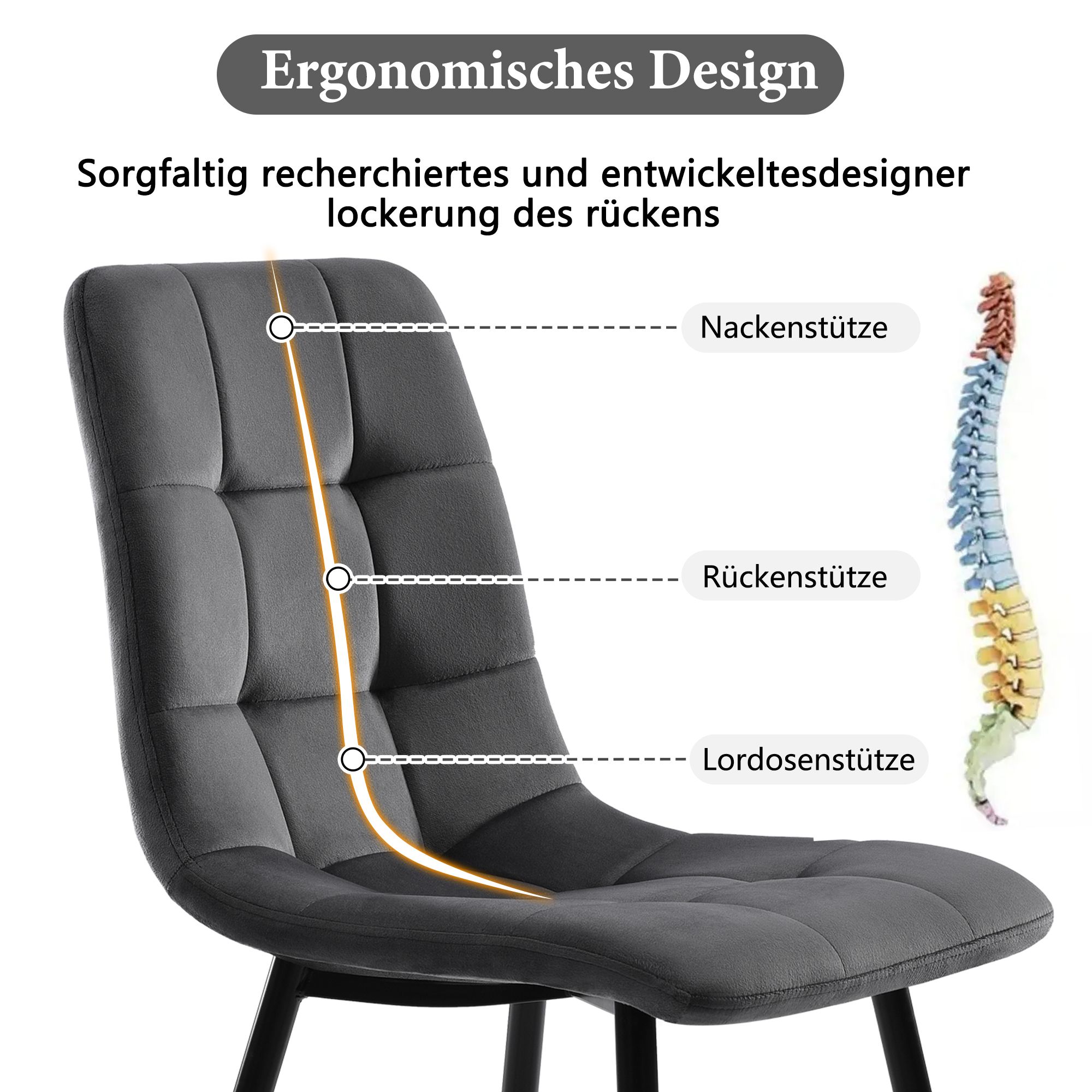 Flieks Essgruppe Esstisch mit 4 Esszimmerstuhl, Sitzgruppe Küchentischset 5tlg., Küchentisch mit 4 Esszimmerstuhl, Stuhl mit Samtbezug, Grau Schwarz