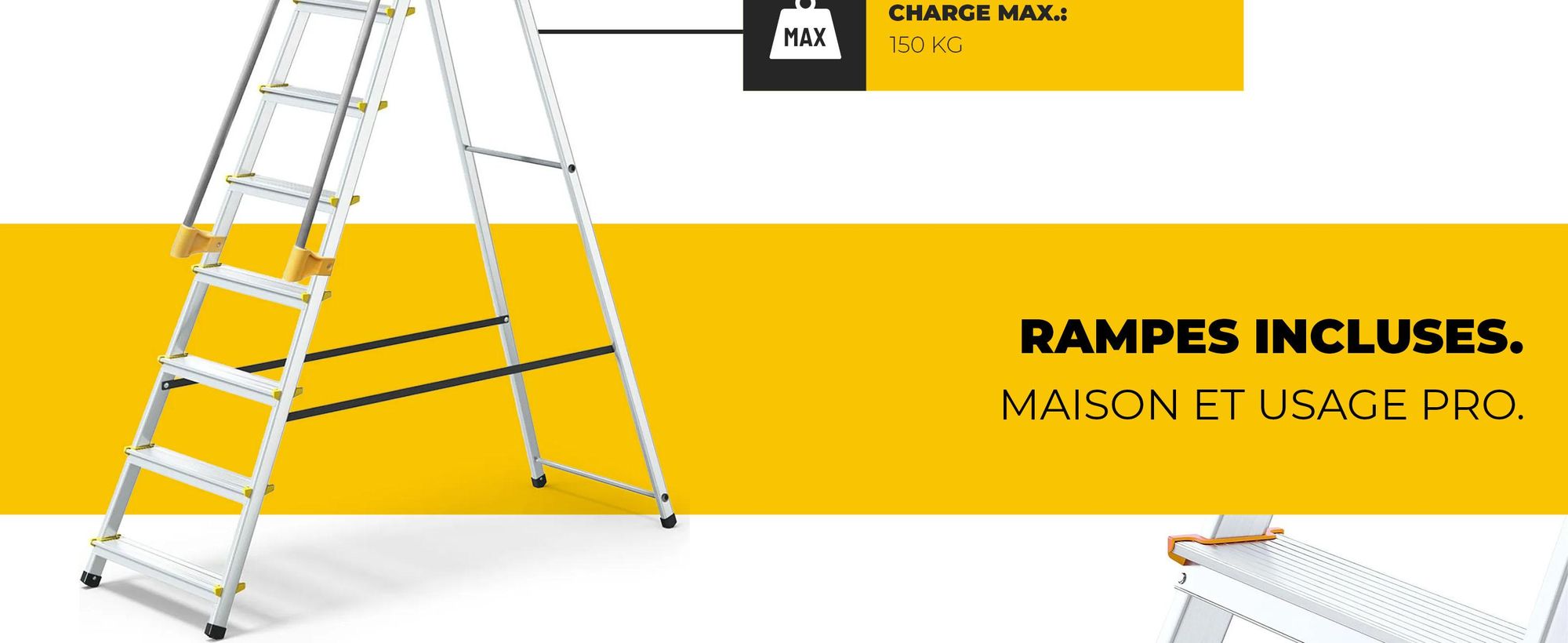 Drabest | échelle - 8 marches, charge max. 150kg - échelle avec mains courantes, échelle en aluminium, pieds antidérapants, escabeau, échelle pliante