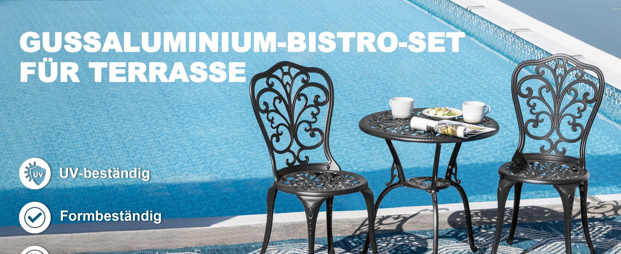 Avestar 3-teiliges Bistro Set aus Aluminiumguss, Gartenmöbel Set, Balkonmöbel, runder Bistrotisch mit 2 Gartenstühlen, Schwarz