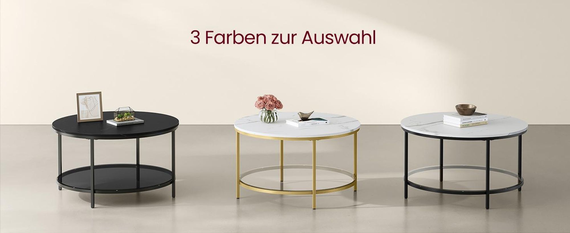 VASAGLE Couchtisch, Wohnzimmertisch, moderner Stil, 80 x 46 cm (Ø x H), Marmorschwarz-Tintenschwarz