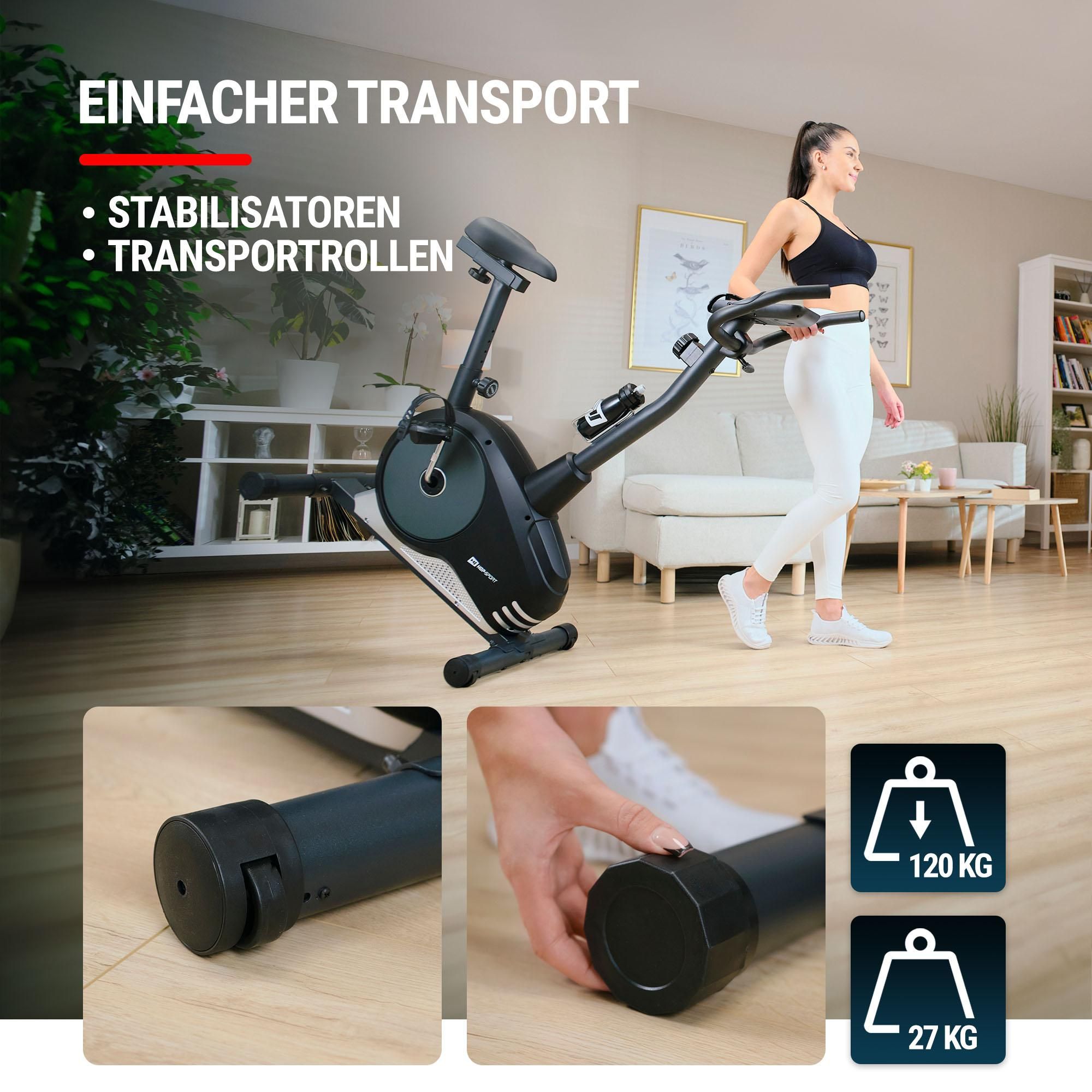Hop-Sport Heimtrainer Fahrrad Spark Silber für Zuhause magnetischer Hometrainer mit verstellbarem Sitz & Lenker, Pulssensoren, LCD-Display - bis 120kg