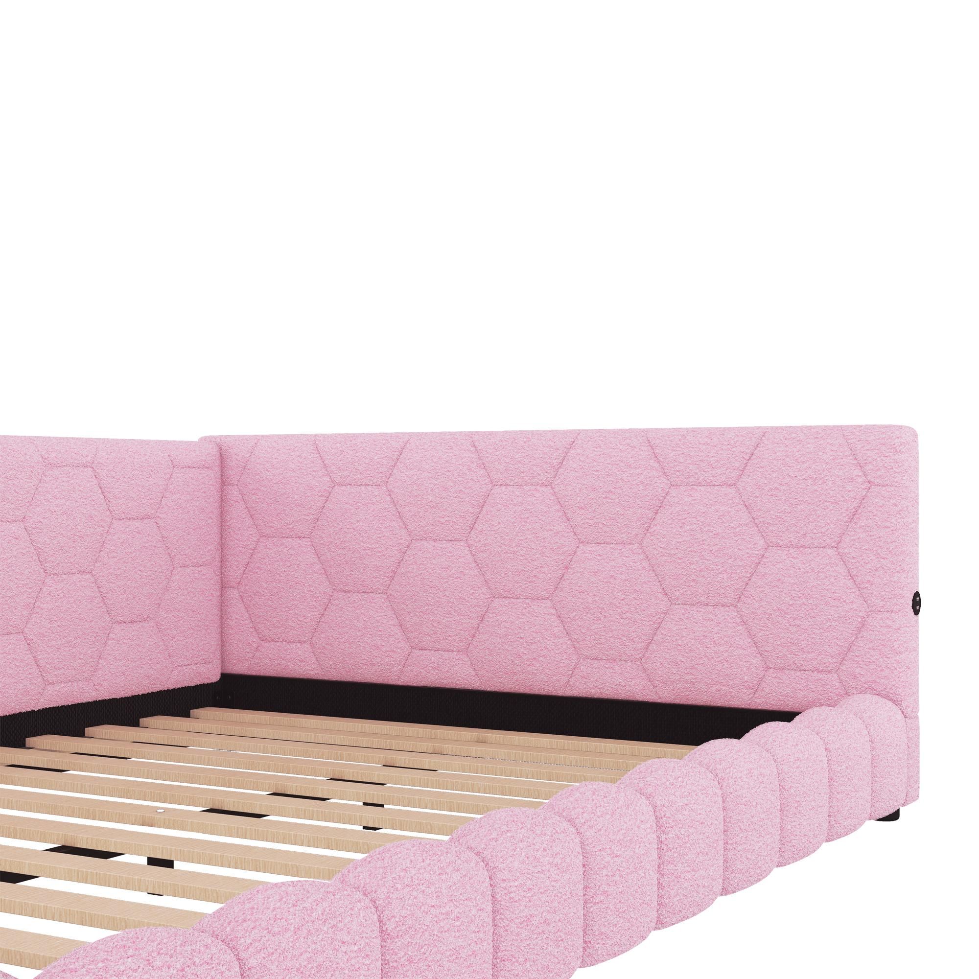 Merax Polsterbett 140x200cm mit LED und USB-Anschluss, Tagesbett mit Lattenrost, Schlafsofa aus Teddy-Plüsch, Funktionsbett Doppelbett Kinderbett Rosa