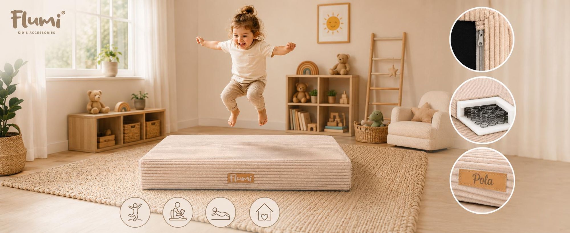 Flumi trampoline enfant tapis de saut avec velours côtelé, 110x70 cm