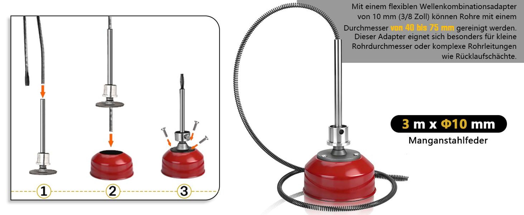 1250W Stark Rohrreinigungsspirale mit Rollen, 17.5m x Ø22mm Manganstahl Spirale, Abflussreiniger Rohrreiniger - Rohrreinigung von Rohren Ø20–200mm