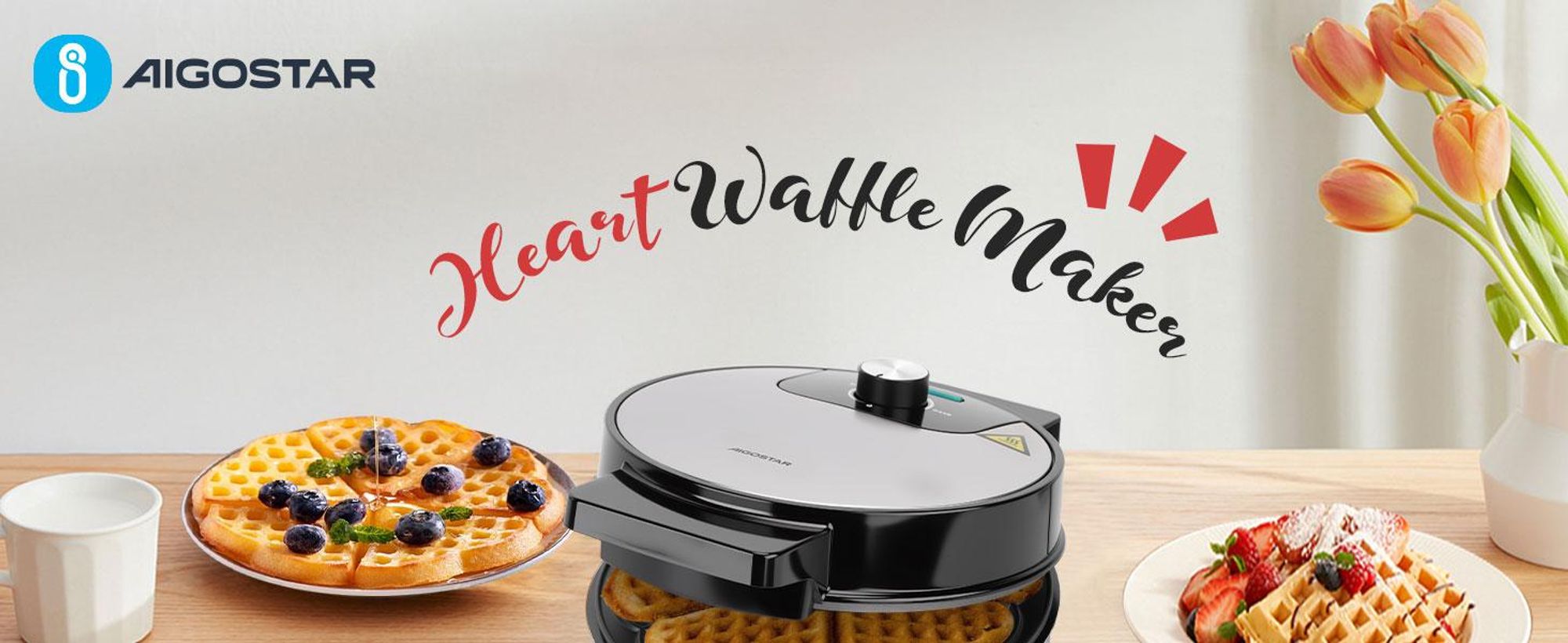 Aigostar für 5 Herz-Waffeln, 1000W, Antihaft-Platten, Einstellbarer Temperatur