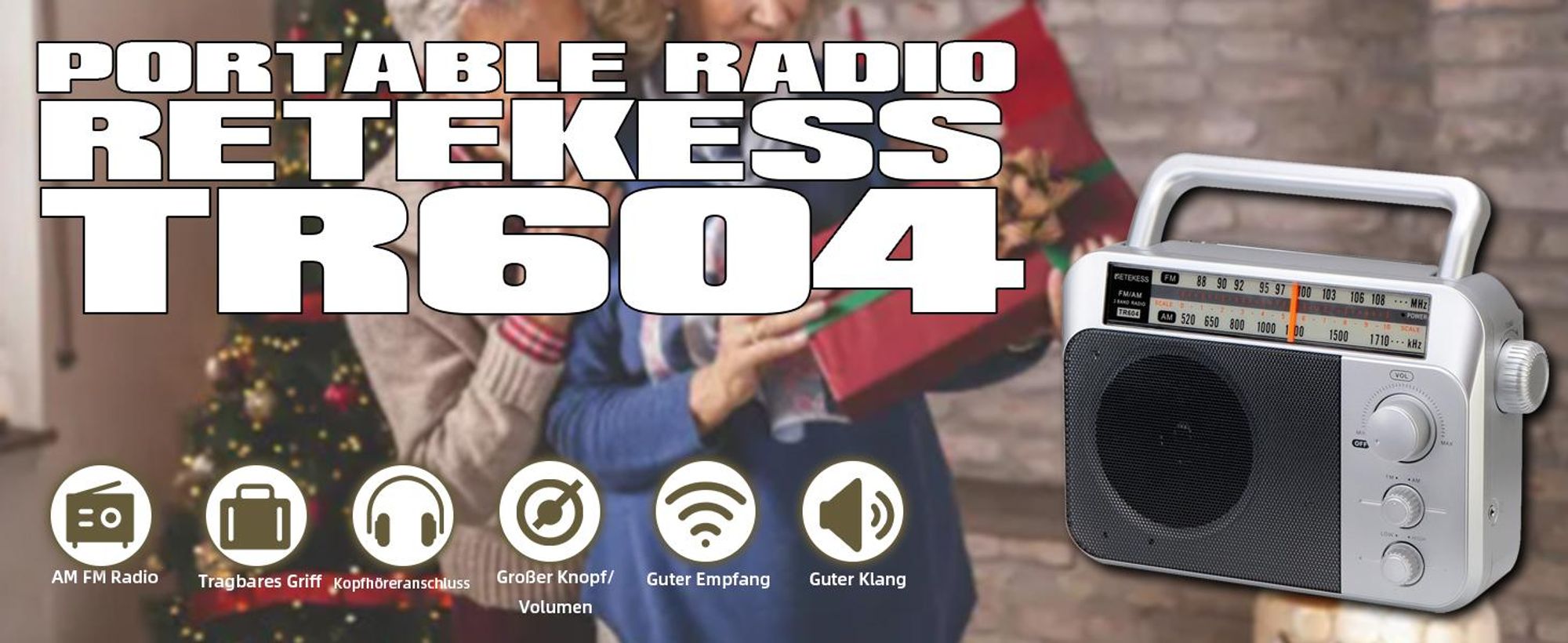 Retekess TR604 Tragbares Radio,AM FM Radio,Großer Knopf,Netzkabel oder Batteriebetrieb,Großer Lautsprecher Einstellbare Höhen Bässe Radio für Senioren