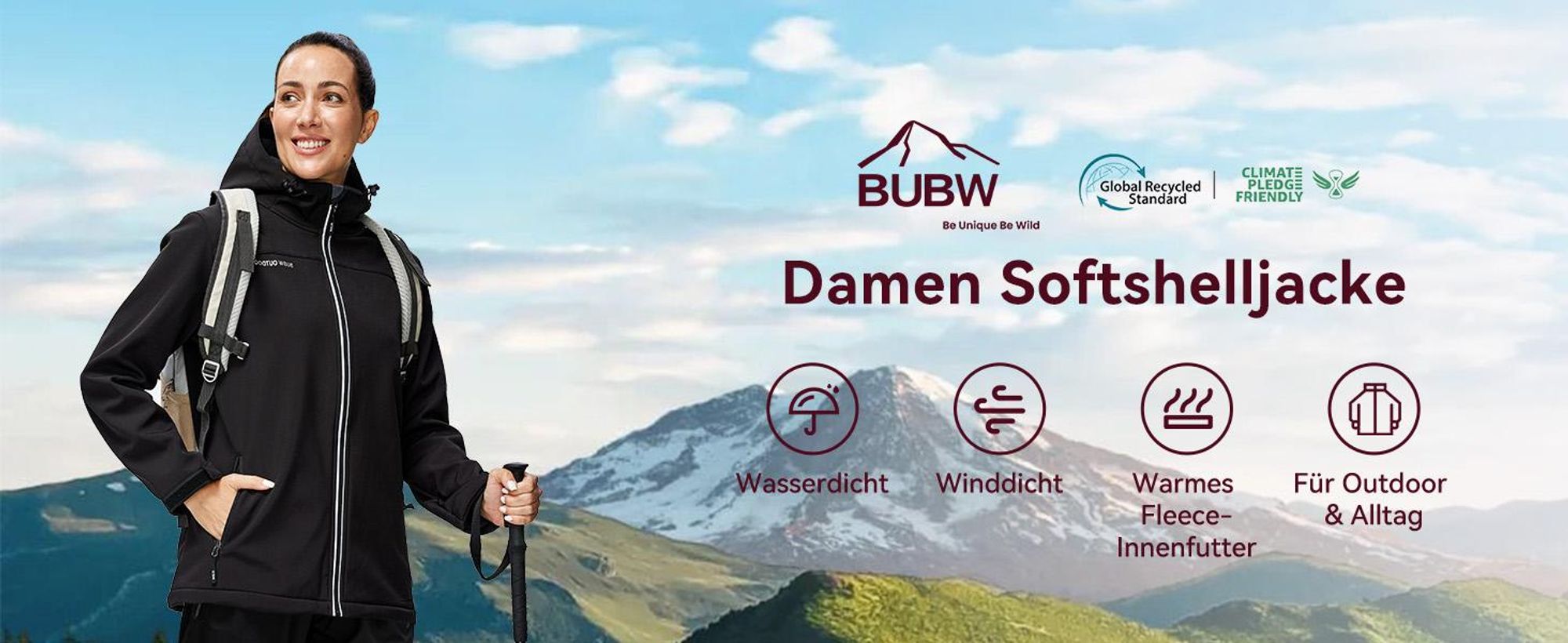 BUBW Damen Softshelljacke wasser- und winddicht mit Kapuze Gefütterte Outdoor-Jacke mit Reflexstreifen Verstellbare Manschetten