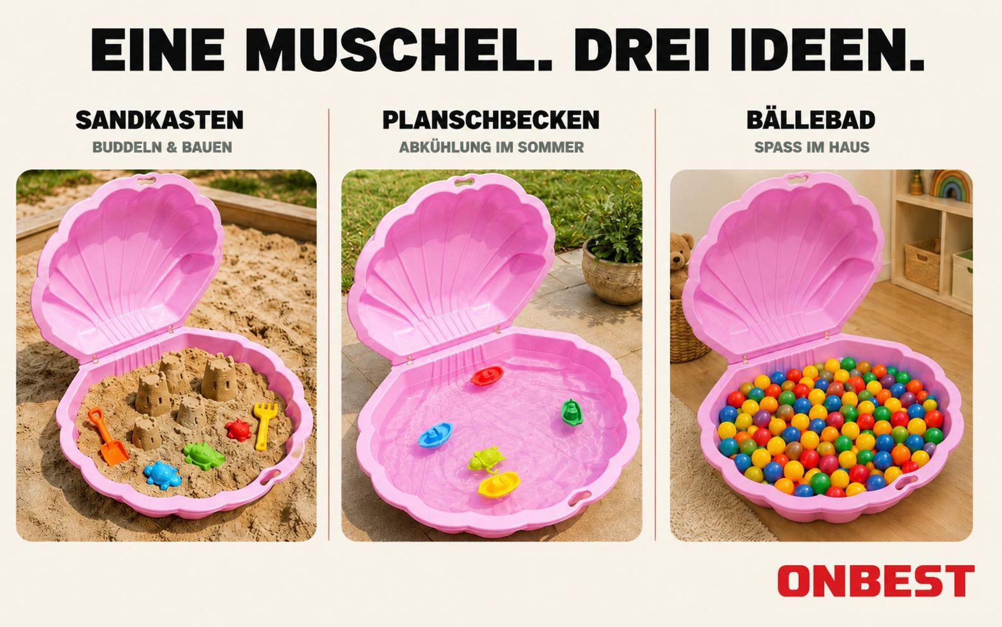 ONBEST Sandkasten 2in1 Sandmuschel mit Deckel | 100 kg | Kunststoff | Pink | ‎88 x 78 x 38 cm