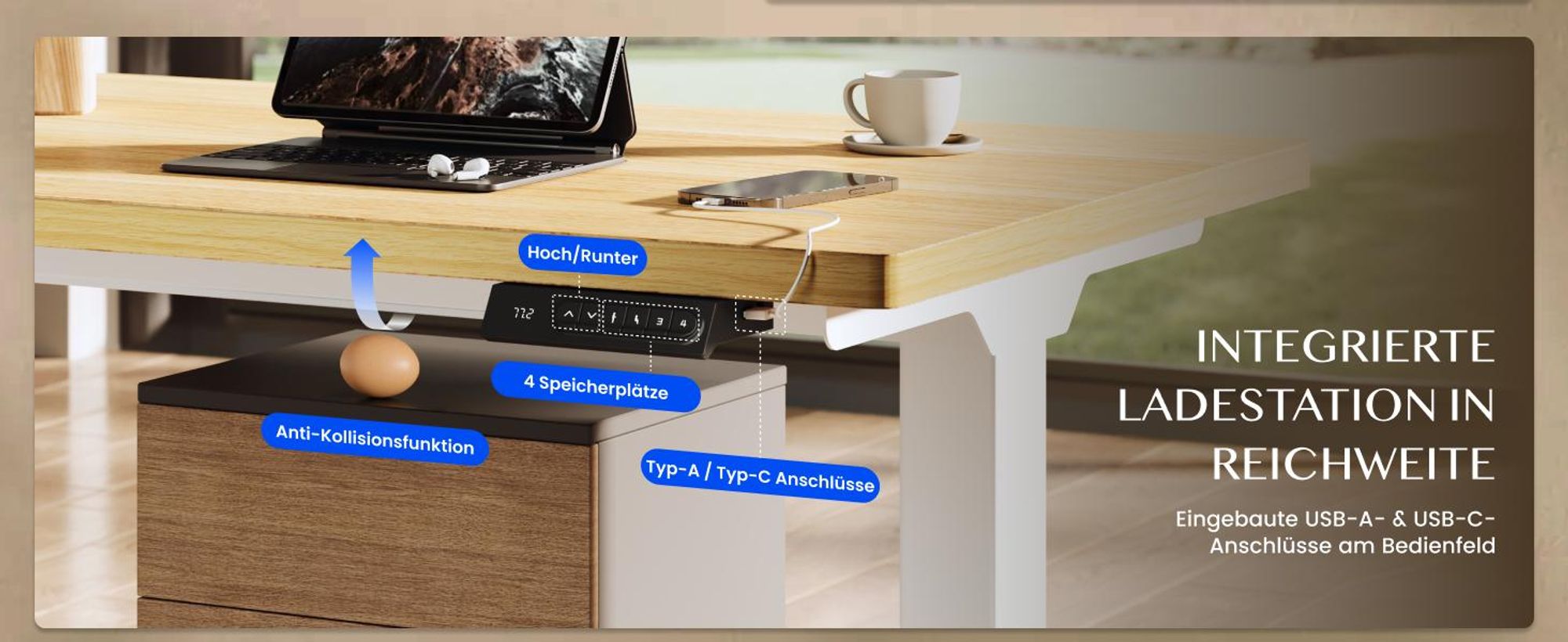 FLEXISPOT E5 Plus Höhenverstellbarer Schreibtisch 180x80cm, Doppelmotor, 25MM EINTEILIGE TISCHPLATTE, USB-Anschluss, 120KG Tragkraft, Ahorn
