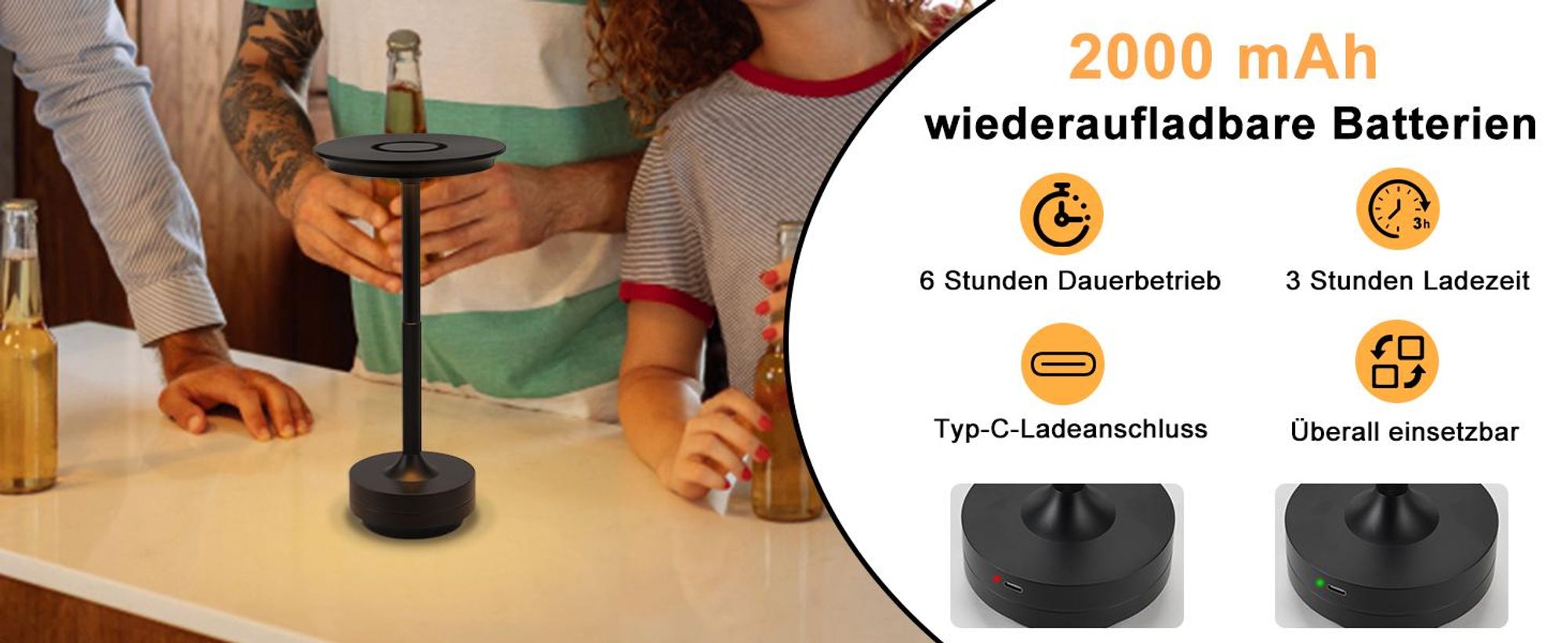 ZMH Tischlampe Kabellos Nachttischlampe Akku LED Tischleuchte Touch Dimmbar Lampe mit USB Aufladbar Schwarz Batterie Tischlampen für Modern Fensterbank Wohnzimmer Kinderzimmer Schlafzimmer