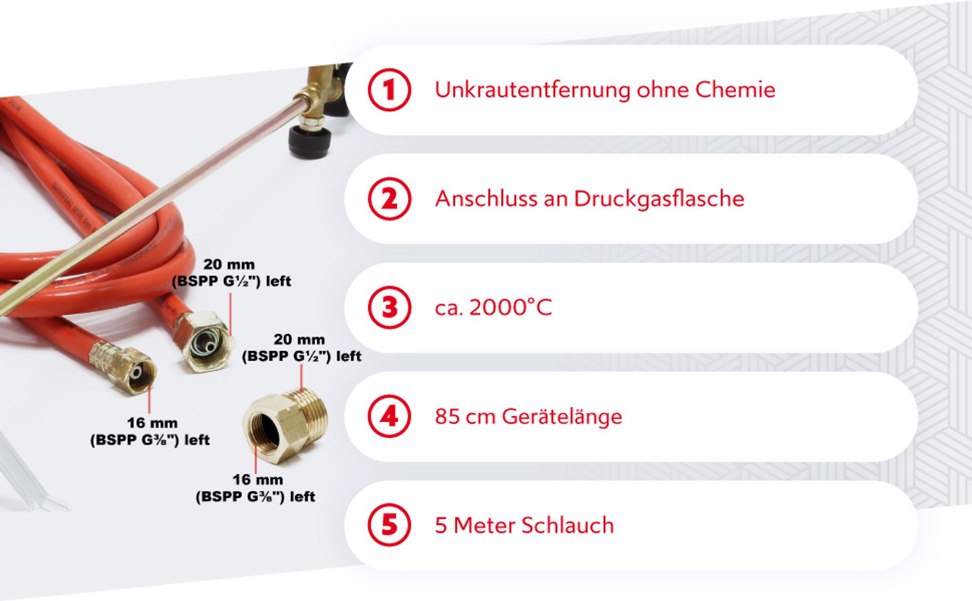 Wiltec Unkrautbrenner bis 1850°C Gasbrenner mit 80kW, Abflammgerät für Unkraut, 85 cm Unkrautvernichter, Dachbrenner mit 5 m Schlauch