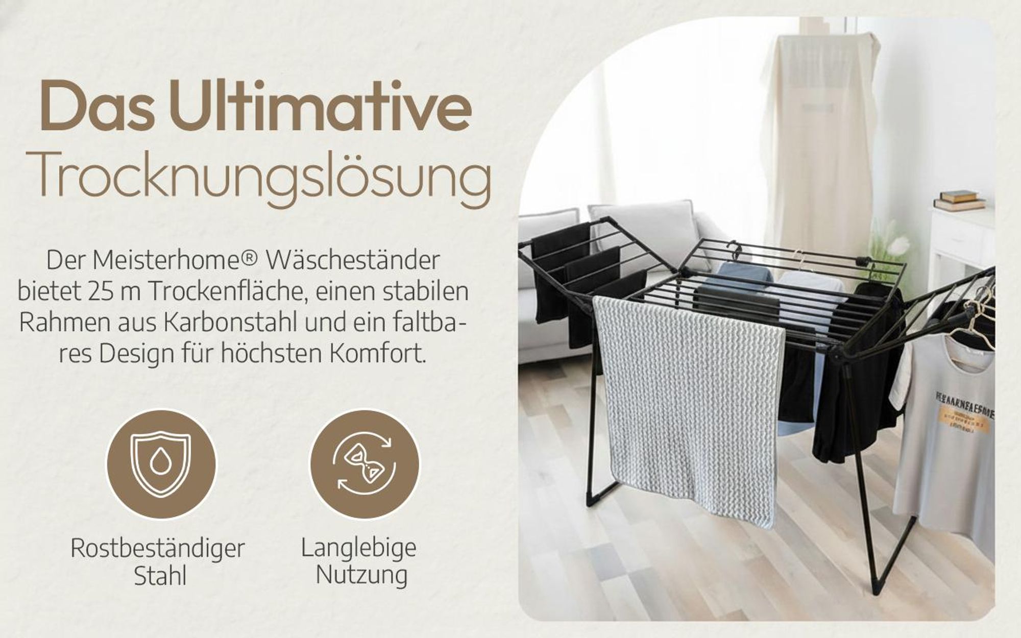 Meisterhome® Extra großer und Stabiler Wäscheständer - Schwarz - Standtrockner mit Flügeln für Lange Kleidungsstücke, standfester Flügelwäschetrockner - für drinnen und draußen - 25m Trockenleinenlänge