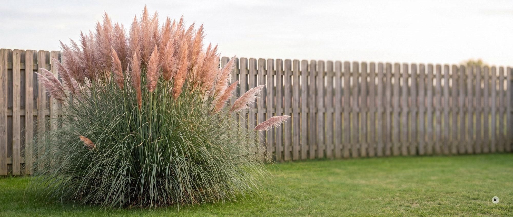 Rosa Pampasgras Cortaderia selloana 'Rosea' als Solitär im Rasen vor einem 1,50 m hohen Holzzaun