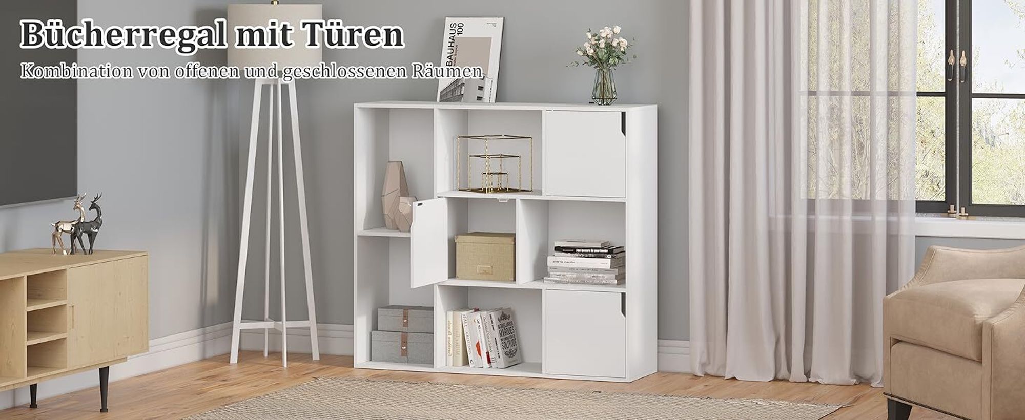 WOLTU Bücherregal mit 8 Fächern, 3 Türen, Aufbewahrungsregal, 106x96x30 cm, Weiß