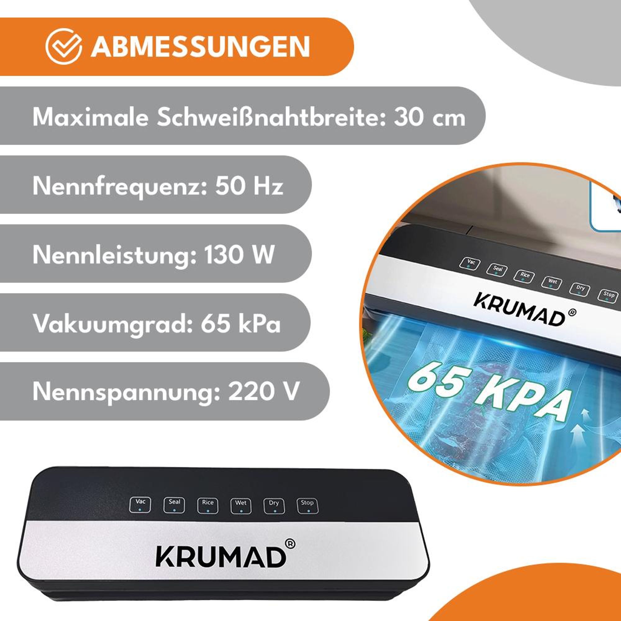 KRUMAD Vakuumiergerät 130W - Automatischer Vakuumierer mit 65 kPa, 30 cm Schweißnaht & 5 Modi - Für Lebensmittel, Fleisch, Gemüse & Sous-Vide
