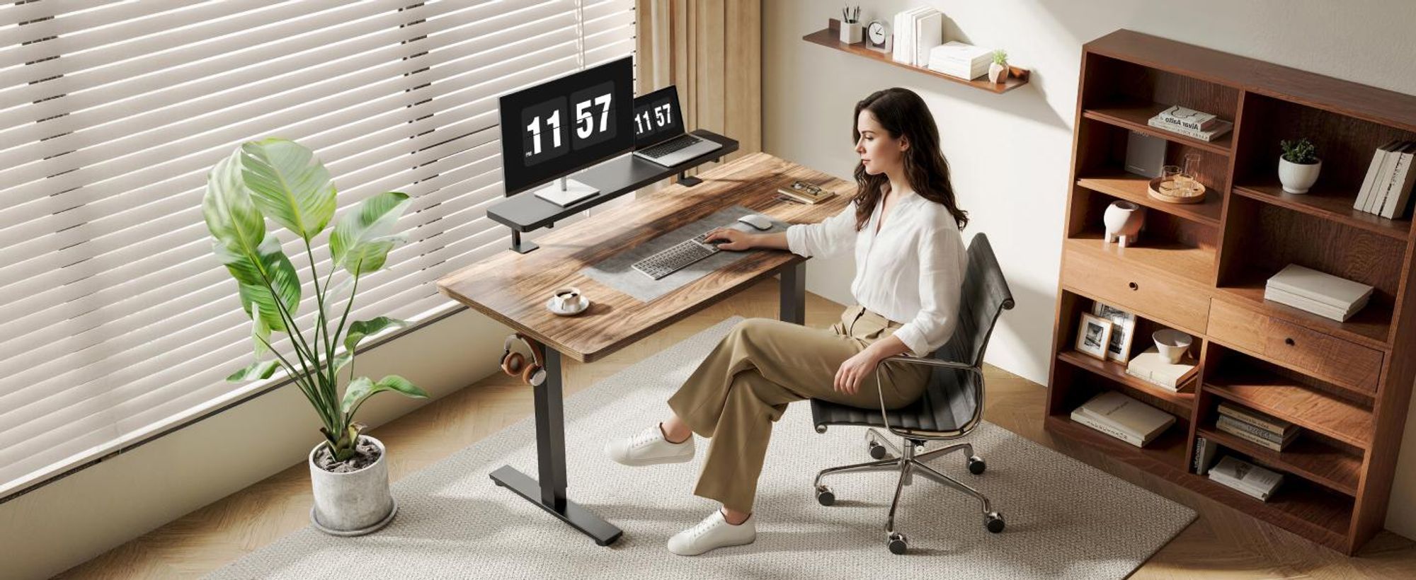 FLEXISPOT Monitorständer mit Klemme, 2 Ablagen, Kabelmanagement, 20 kg Tragkraft, 100 x 20 cm, bis 25 mm Tischplatte, Schwarz