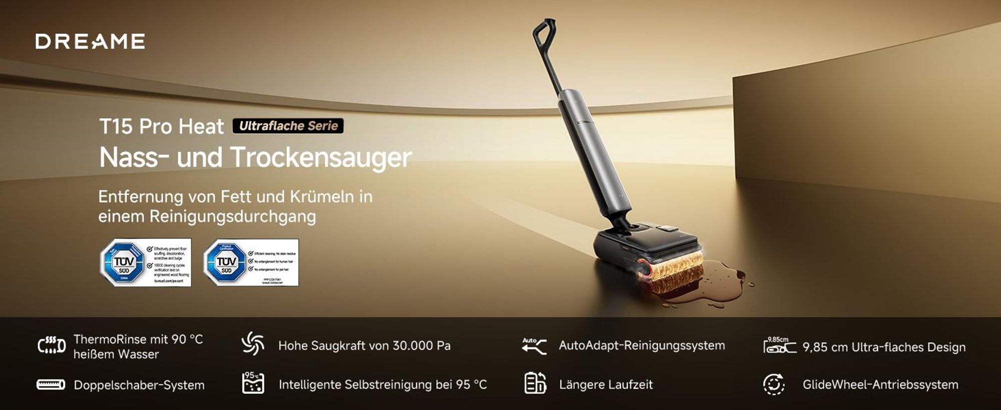 Dreame T15 Pro Heat Nass-und Trockensauger,30kPa Saugleistung Akku-Staubsauger,9,85cm ultraschlank,95℃ Heißwäsche＆Leises Trocknen,Reinigungssystem,LED