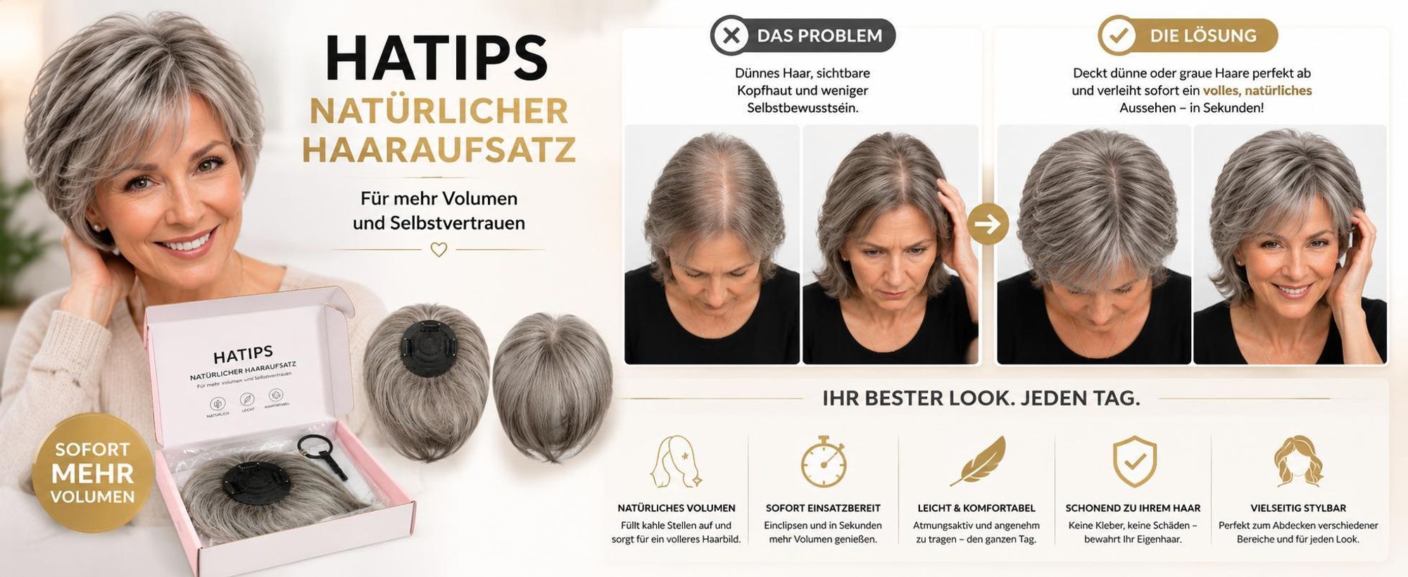 Natürlicher 22cm Damen Abdeckung Haartopper, Damen Clip In Haar Extension aus Hitzebeständigem Faser - HATIPS Silber