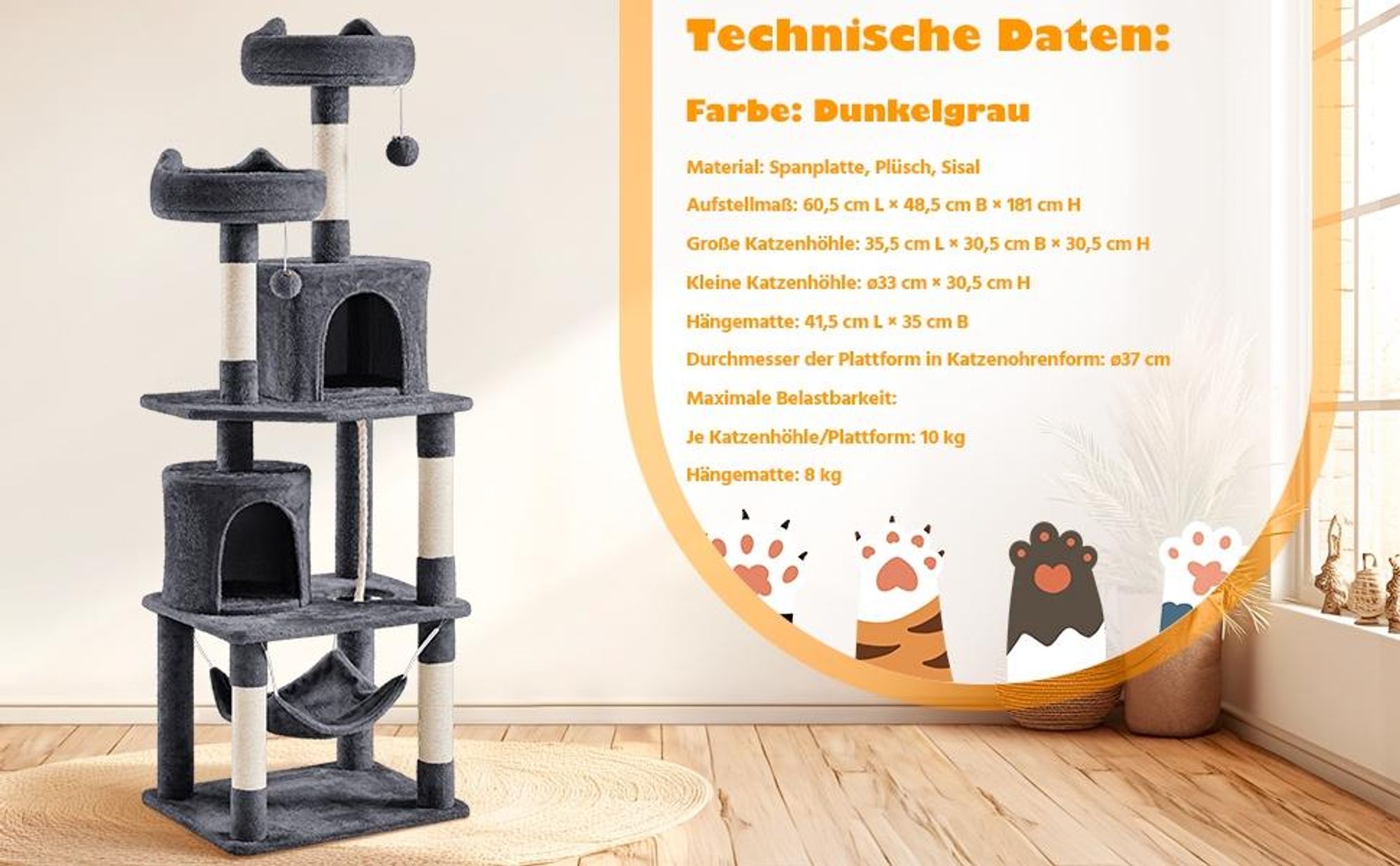 Yaheetech Kratzbaum 181 cm H, mit 2 Katzenhöhlen & 2 Plattformen & 5 Sisalstämmen, großer Katzenkratzbaum stabil, Dunkelgrau