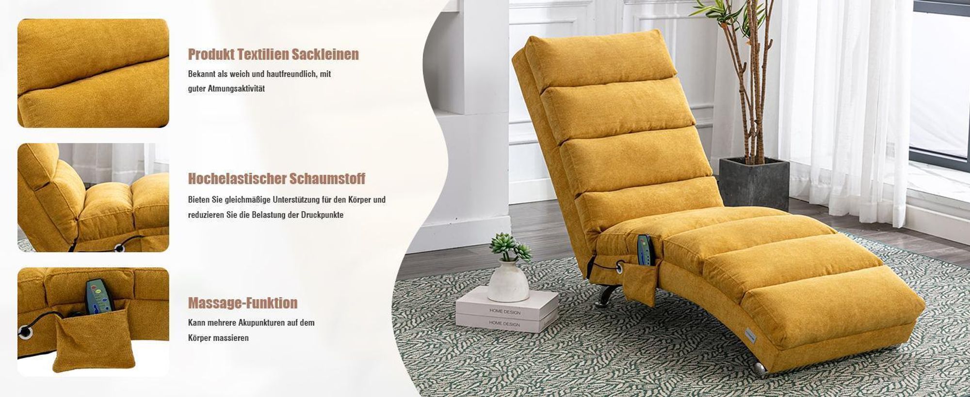 LVHOM 5-in-1 Funktion Polsterliege Chaiselongue Relaxliege, Liegesessel mit Schlafen- und Vibrationfunktion, Bodenstuhl aus Leinenbezug, Gelb