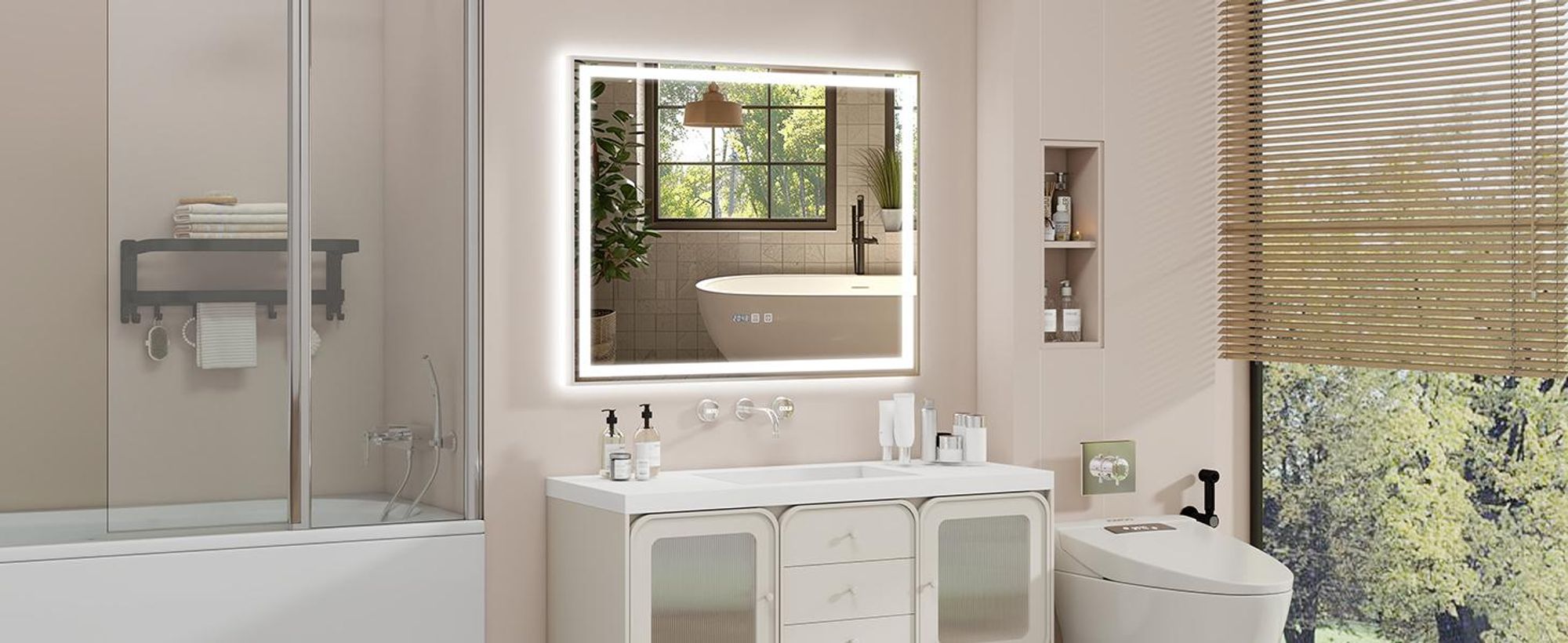 Puluomis Badspiegel 100x80 beschlagfrei mit 3 Farbe Beleuchtung, dimmbare Helligkeit, Badezimmerspiegel mit Digitaluhr, Temperatur silber
