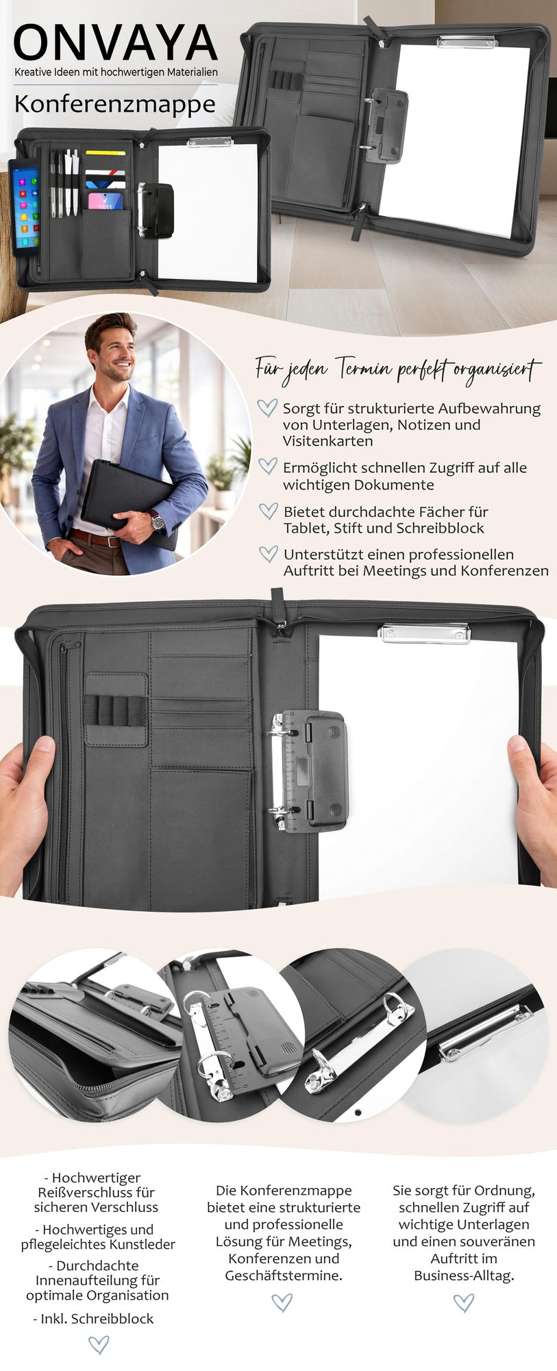 ONVAYA® Konferenzmappe A4 mit Reißverschluss & Ringbuch | Schreibmappe aus Kunstleder | Dokumentenmappe mit Schreibblock & Locher | Business Mappe