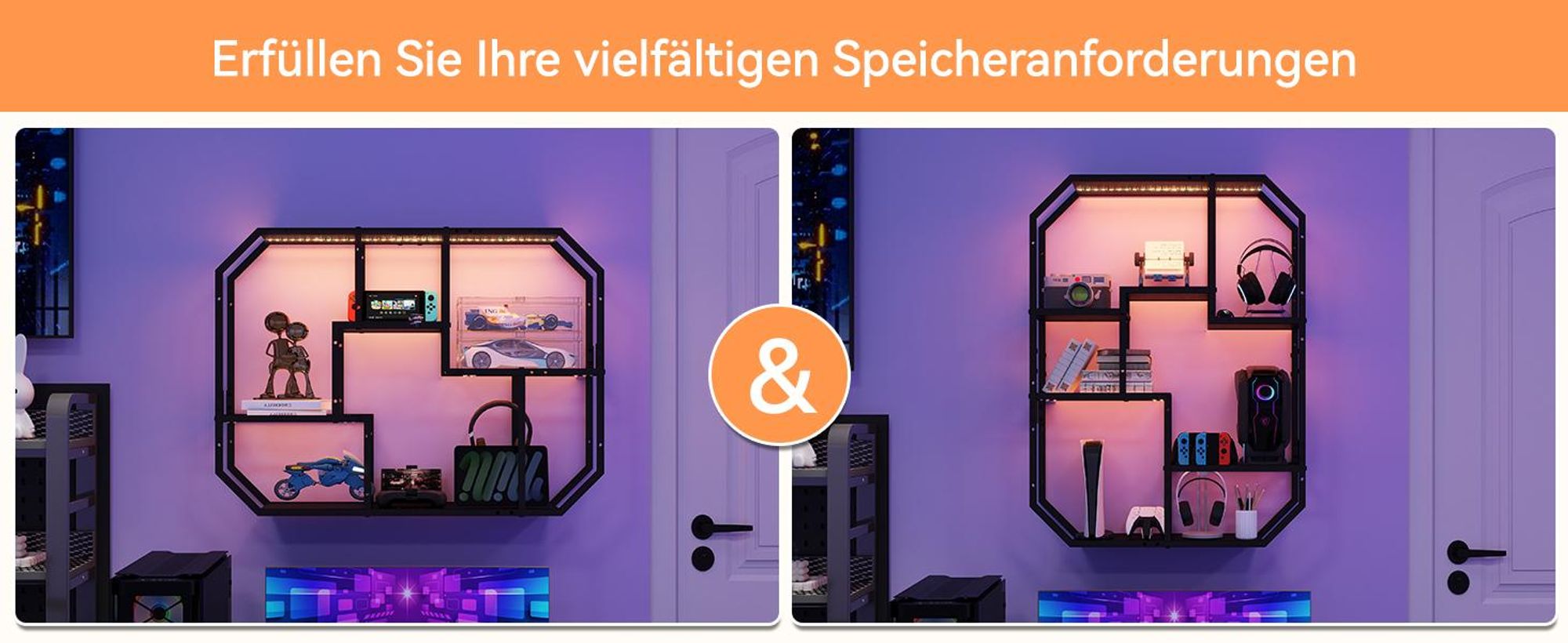 Puluomis LED Wandregal mit Musik-Modus 85x63cm, Beleuchtetes Regal mit 7 Farben 58 Modi, Wand- oder Bodenmontage mit Anti-Kipp, Für Wohnzimmer Bar