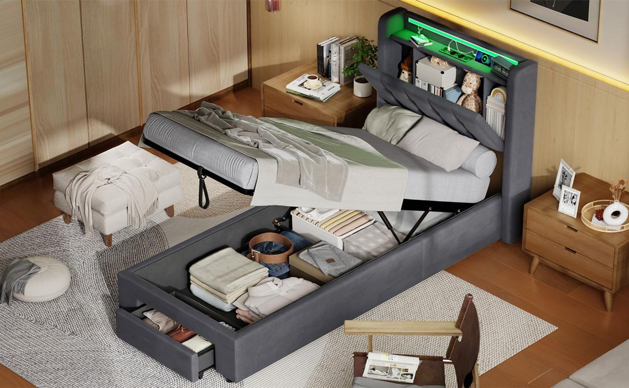Funktionsbett 90x190 cm mit Stauraum und Steckdose