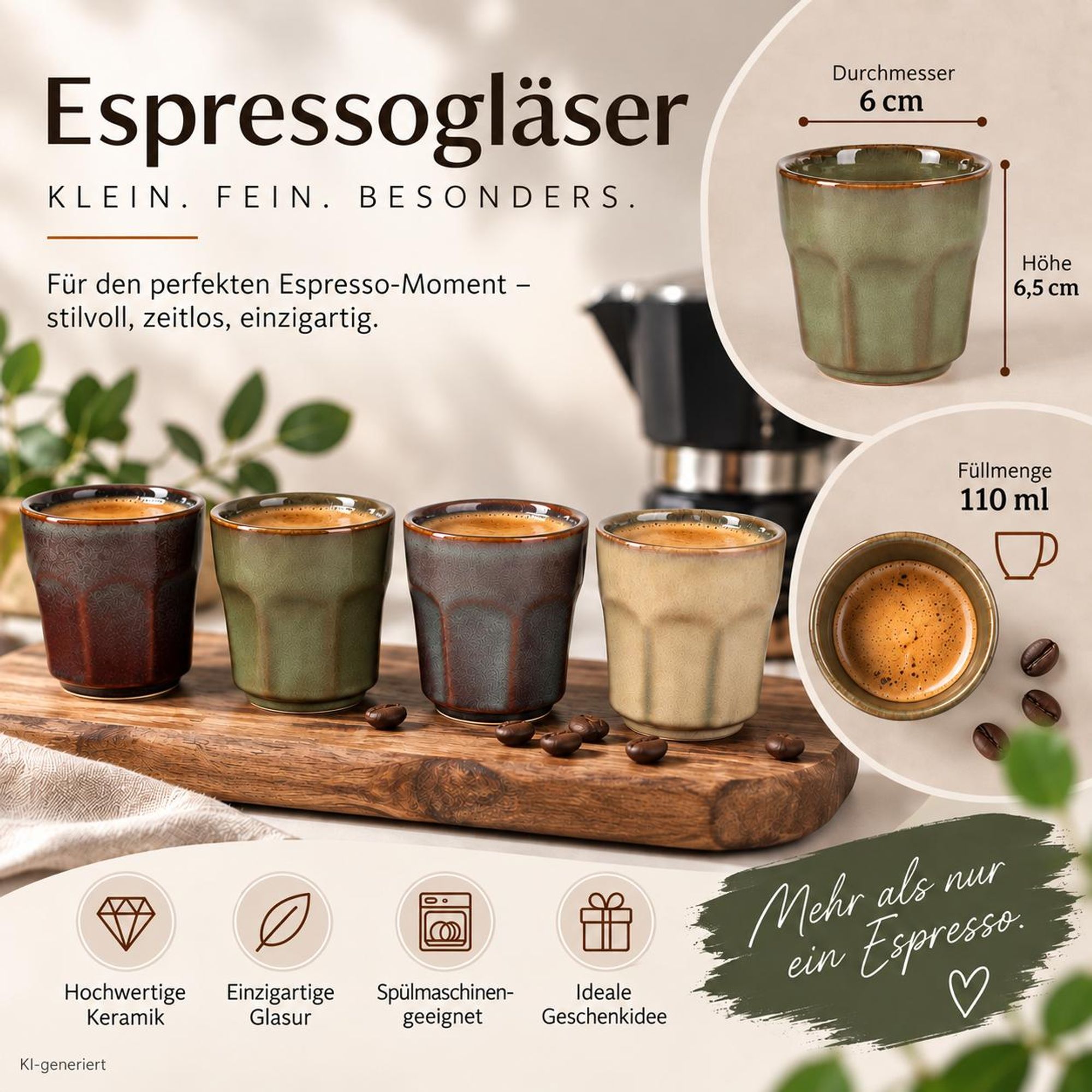 8er Set Espressotassen 110 ml aus Keramik – ohne Henkel, 4 Farben, kleine Kaffeetassen aus Steingut für Espresso, Mokka & Ristretto