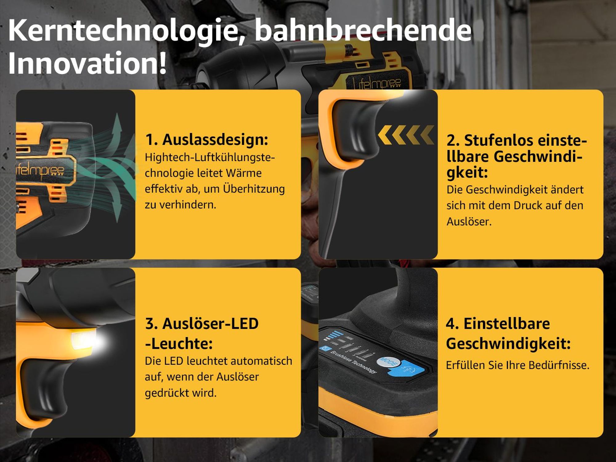 LifeImpree Profi Akku-Schlagschrauber 1000 Nm, Bürstenlos, 3-Gang AutoStop-Modus, leistungsstark, kompakt & mobil, Gelb