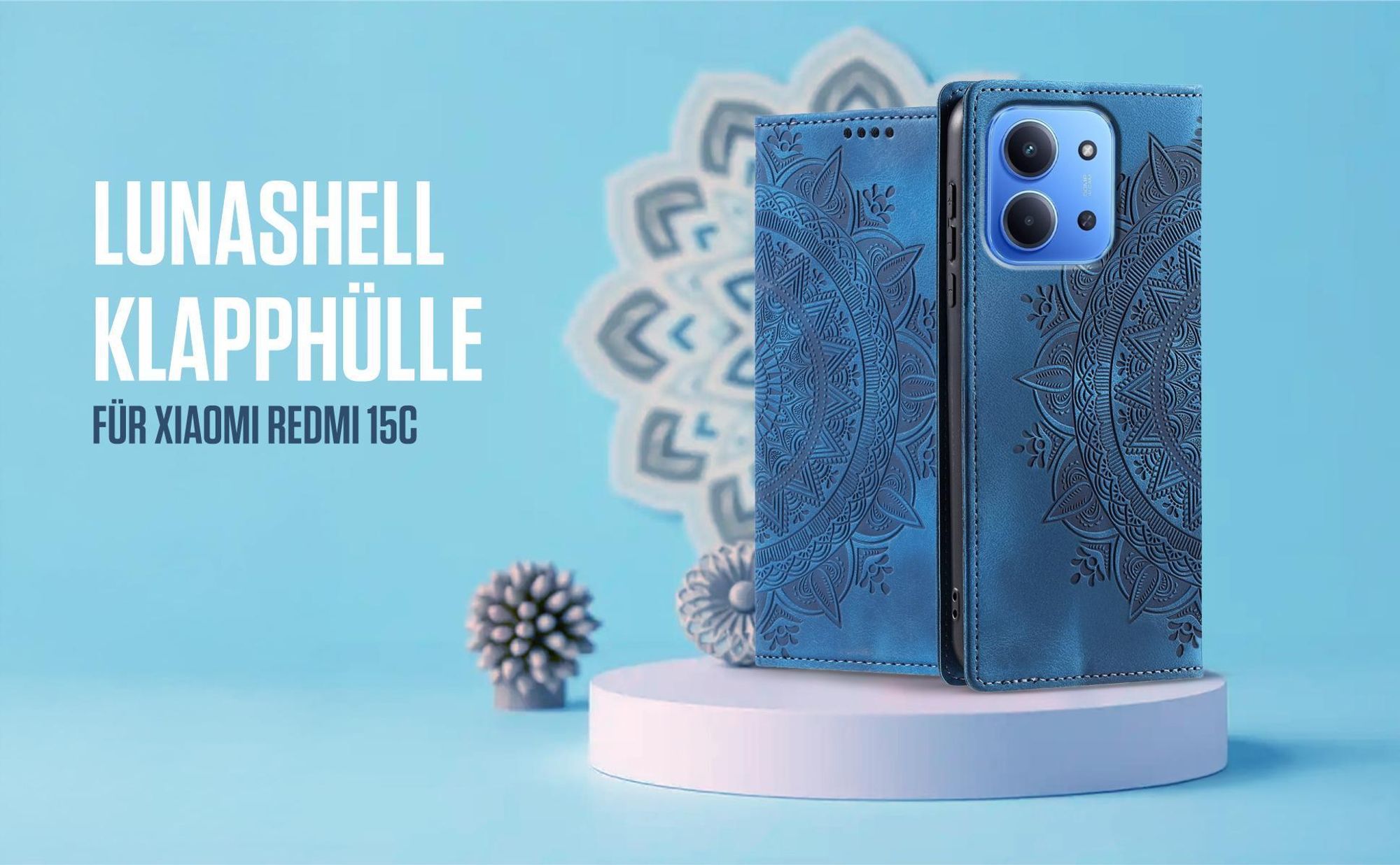 Blaue Klapphülle für Xiaomi Redmi 15C mit feiner Mandala Prägung