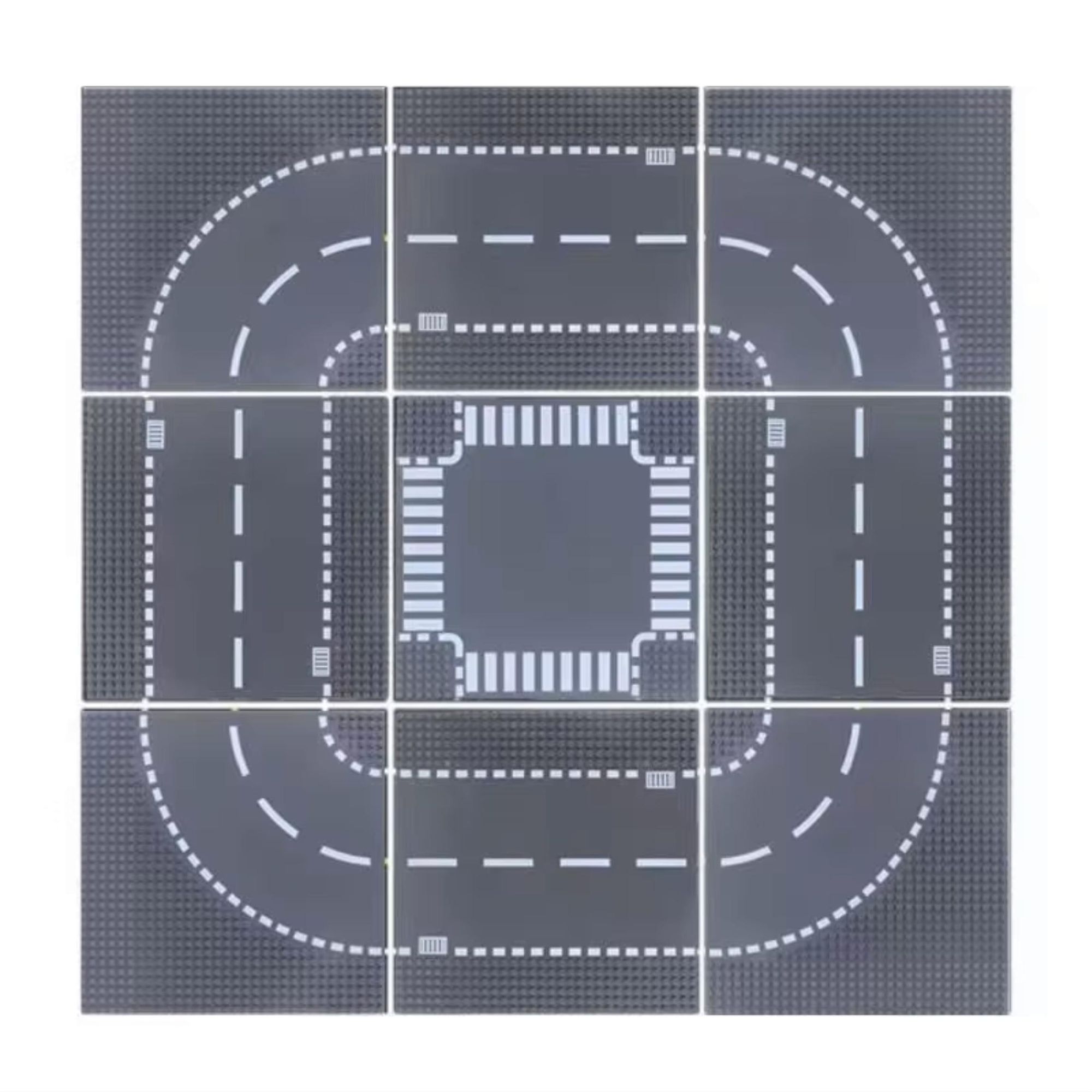 Bauplatte Straße Kurve 32x32 Noppen, Straßenplatte kompatibel mit gängigen Bausteinen, 25,6 x 25,6 cm, EVI KIDS, Grau