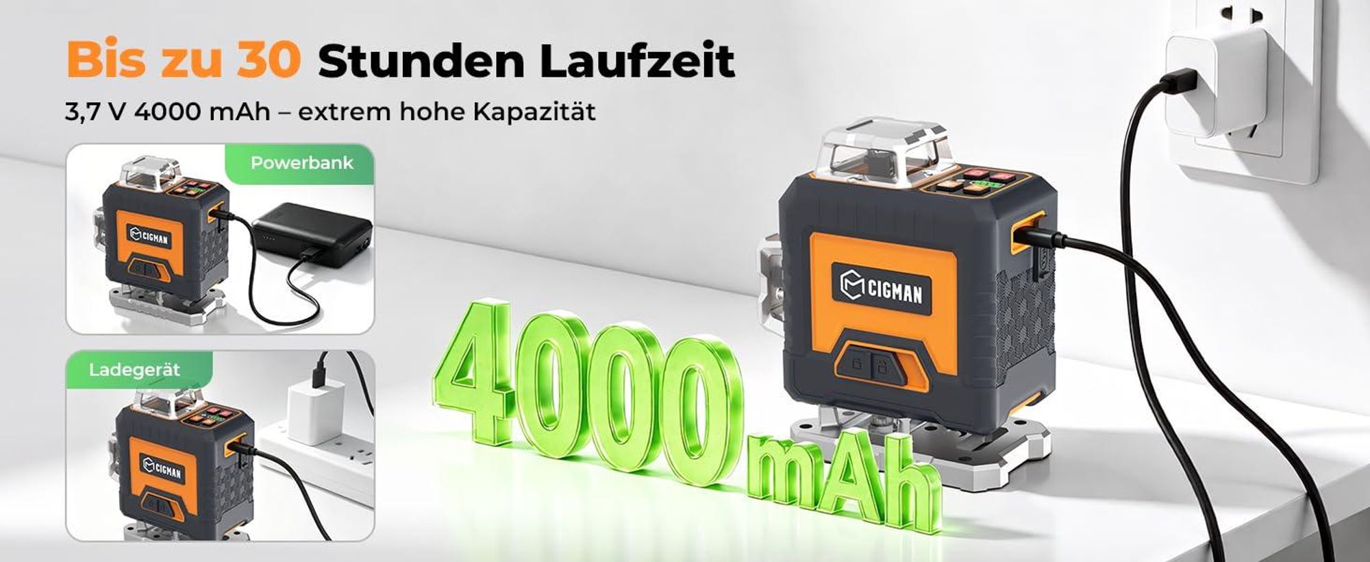 CIGMAN CMG16T Kreuzlinienlaser 4 x 360 Grad mit Stativ – App, Grün, IP54
